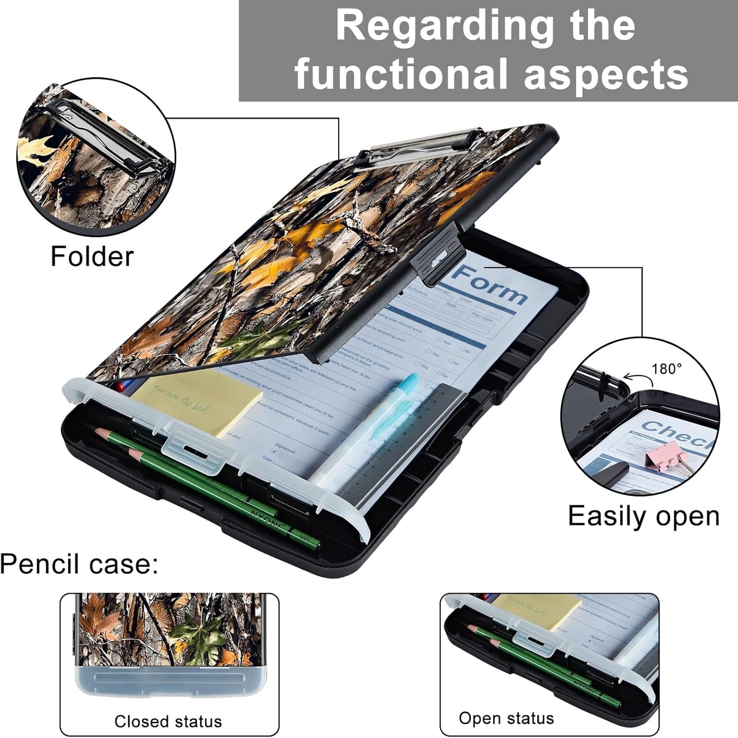 Clipboard with Storage - Large Capacity,Nursing Clipboard with Pen Holder,Heavy Duty,Plastic Side-Opening Folder for Teacher,Nurse - Camouflage Tree