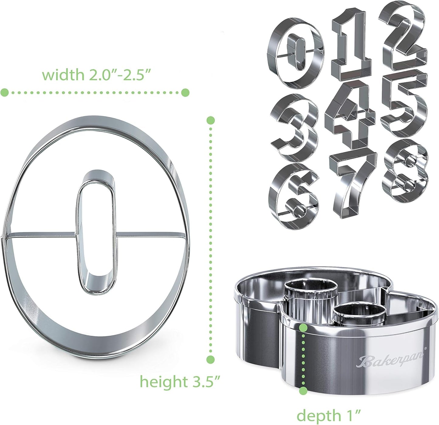 Bakerpan Stainless Steel Number Cookie Cutter Shapes, Set of 9 Large 3.5 Inch Numbers with Bonus Dough Cutter