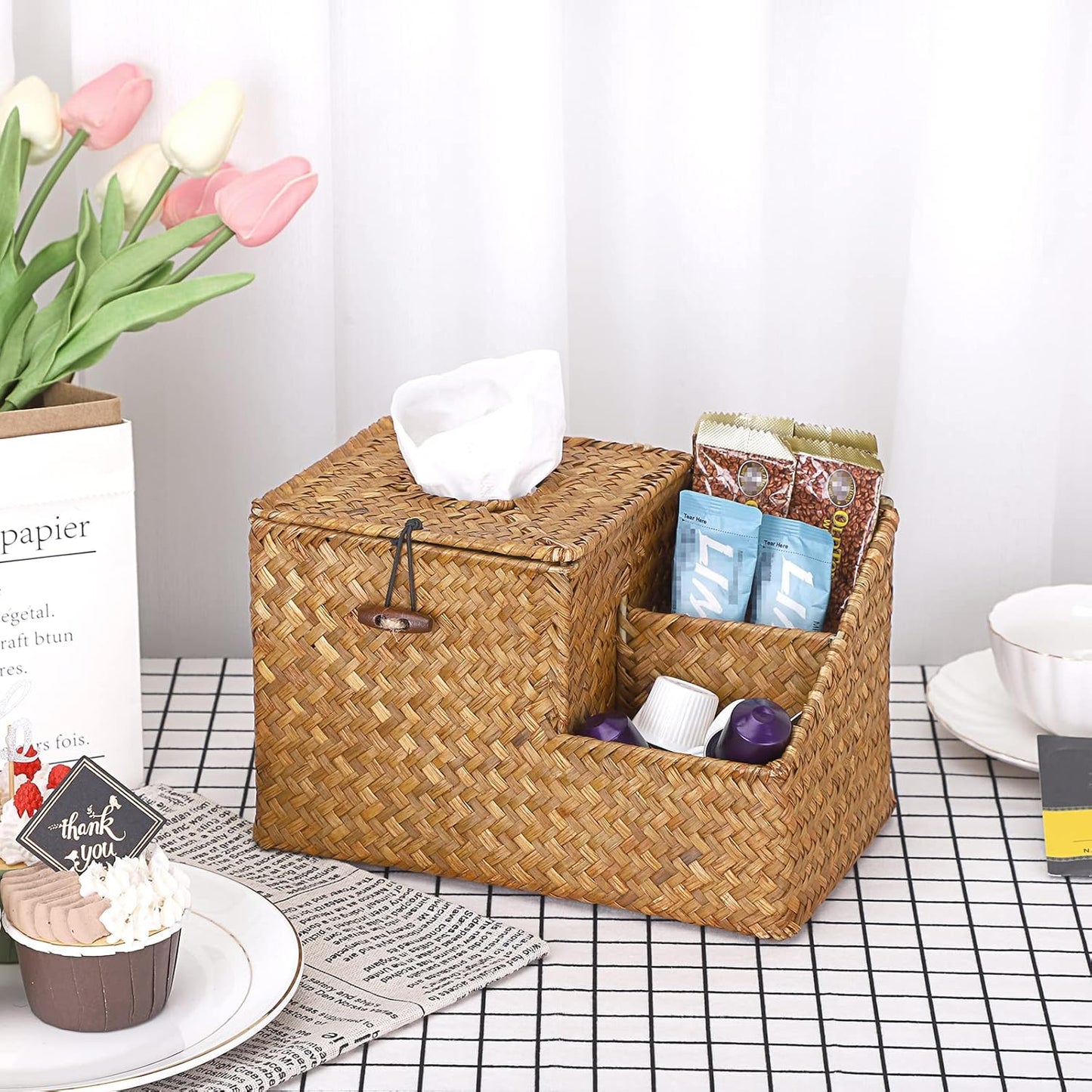 Sumnacon Square Woven Tissue Box Cover - Decorative Cube Tissue Box Holder with Side Organizer, Rustic Seagrass Tissue Box for Living Room Vanity Night Stand Table Countertop Office,Caramel