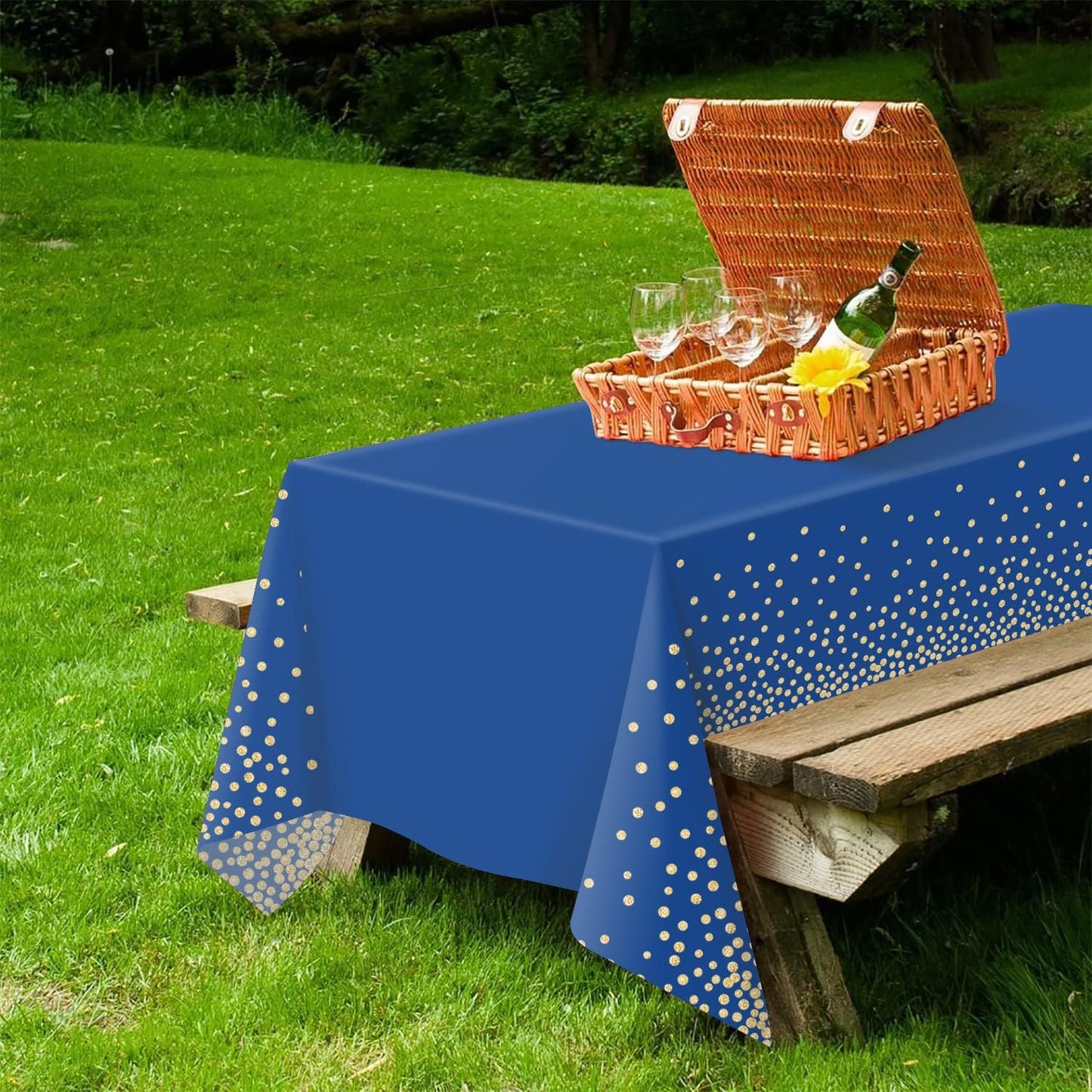 QIKSION 3 Pack Navy Blue and Gold Dot Tablecloth for Parties, Disposable Blue Table Cloths for Birthday, Graduation Party Table Cover for Rectangle Tables(54 × 108 Inch)