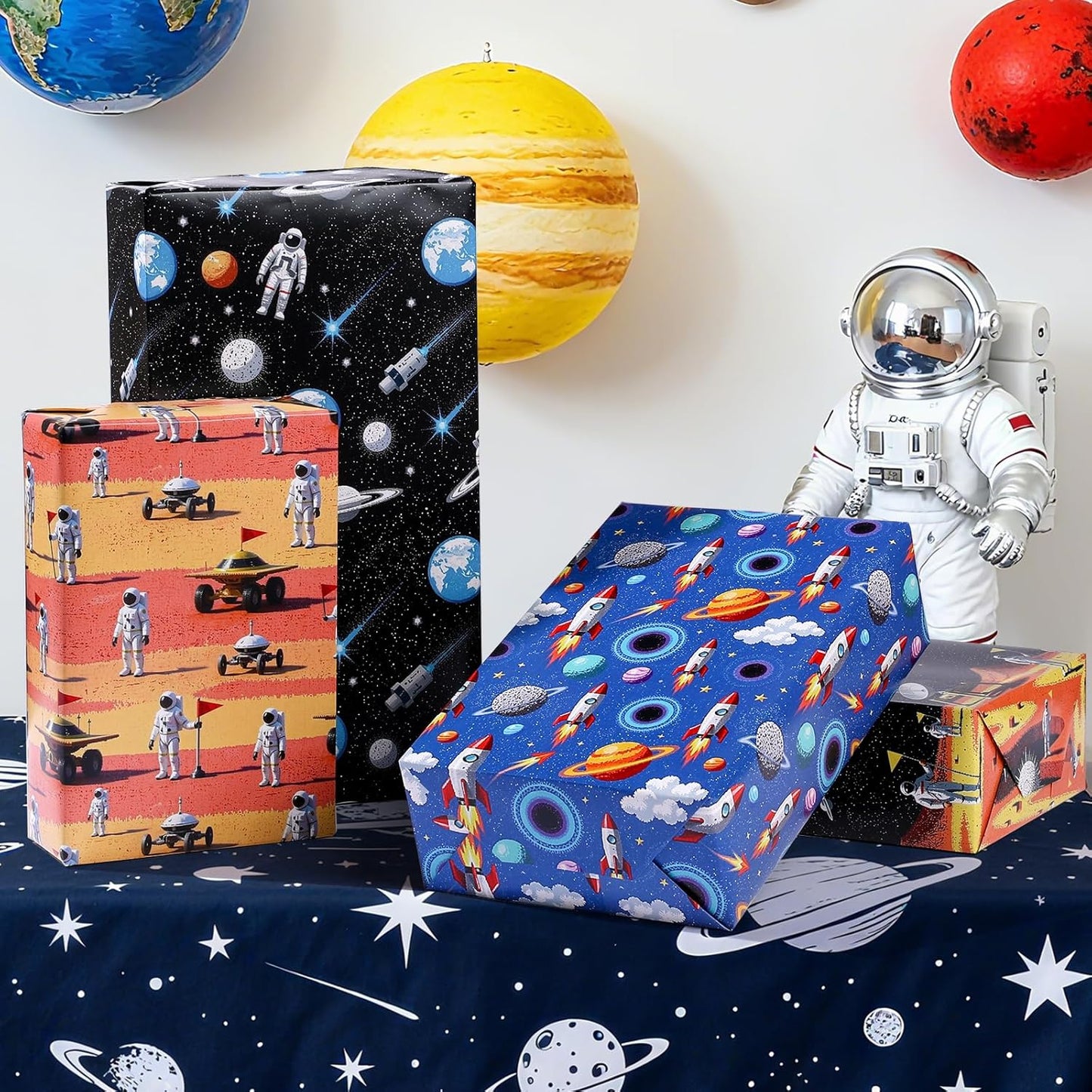 Space Wrapping Paper 12 Sheets Astronaut Rocket Planets Blue Galaxy Gift Wrap for Birthday,Baby Shower,Holiday,20"×28"
