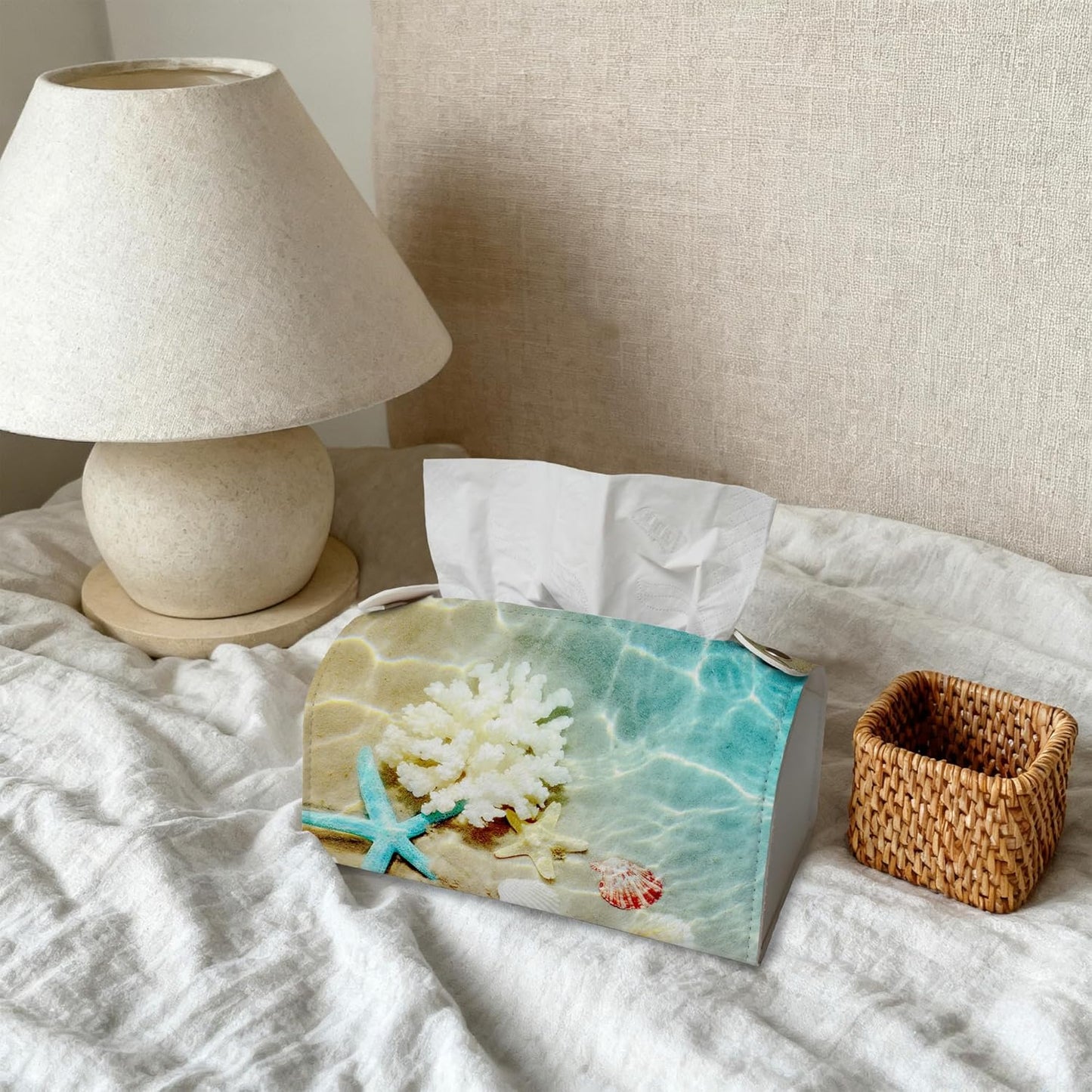 Summer Beach Starfish Seashell Tissue Box Cover Holder – Rectangular Tissue Organizer, Decorative Napkin Box Case for Home, Office & Car