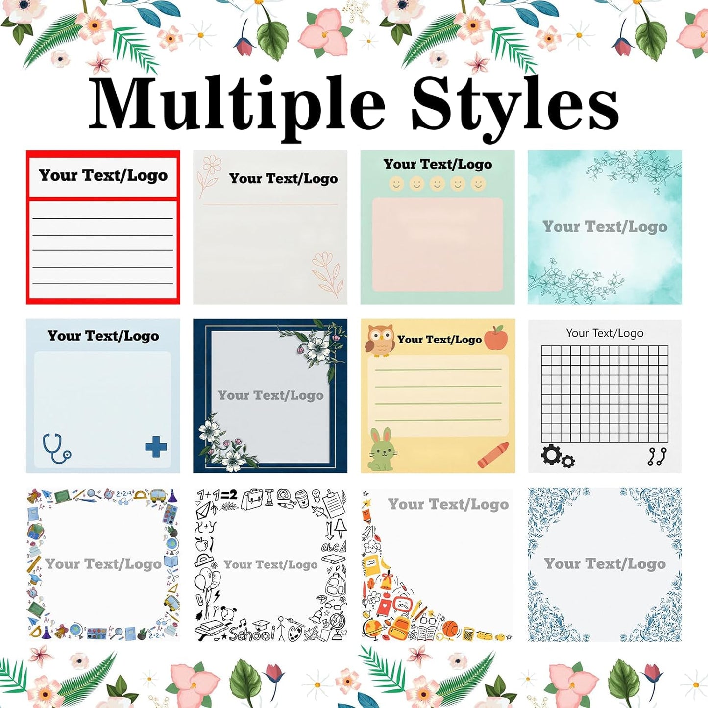 Personalized Sticky Notes 3"x3" – Custom Notepads with Logo or Text, 50 Sheets per Pad – Multiple Template Options, Bulk Pack for Business, Office, Teachers, Events