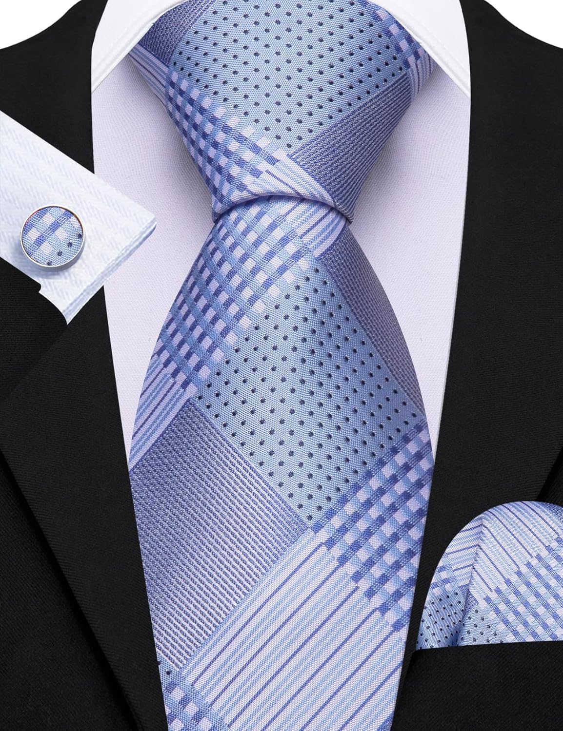 Barry.Wang Designer Classic Ties for Men Set Formal Pocket Square Cufflink Check Plaid