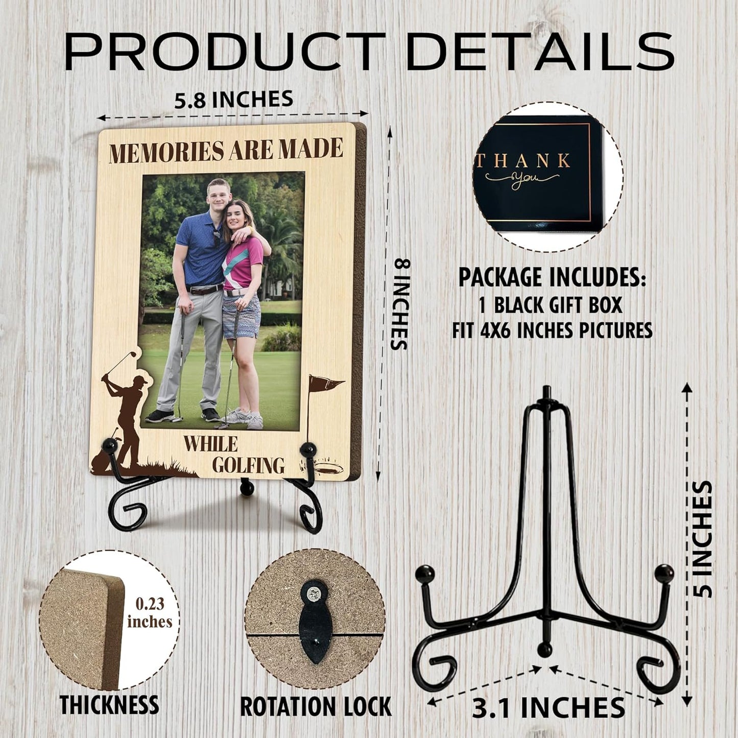 Special Golf Gifts for Family, Warm Memory Gifts for Female Male Friend, Golf Decorative Photo Frame, Vertical Wooden Picture Frame with Stand, Golfer Present, Home Office Desk Decor-B28