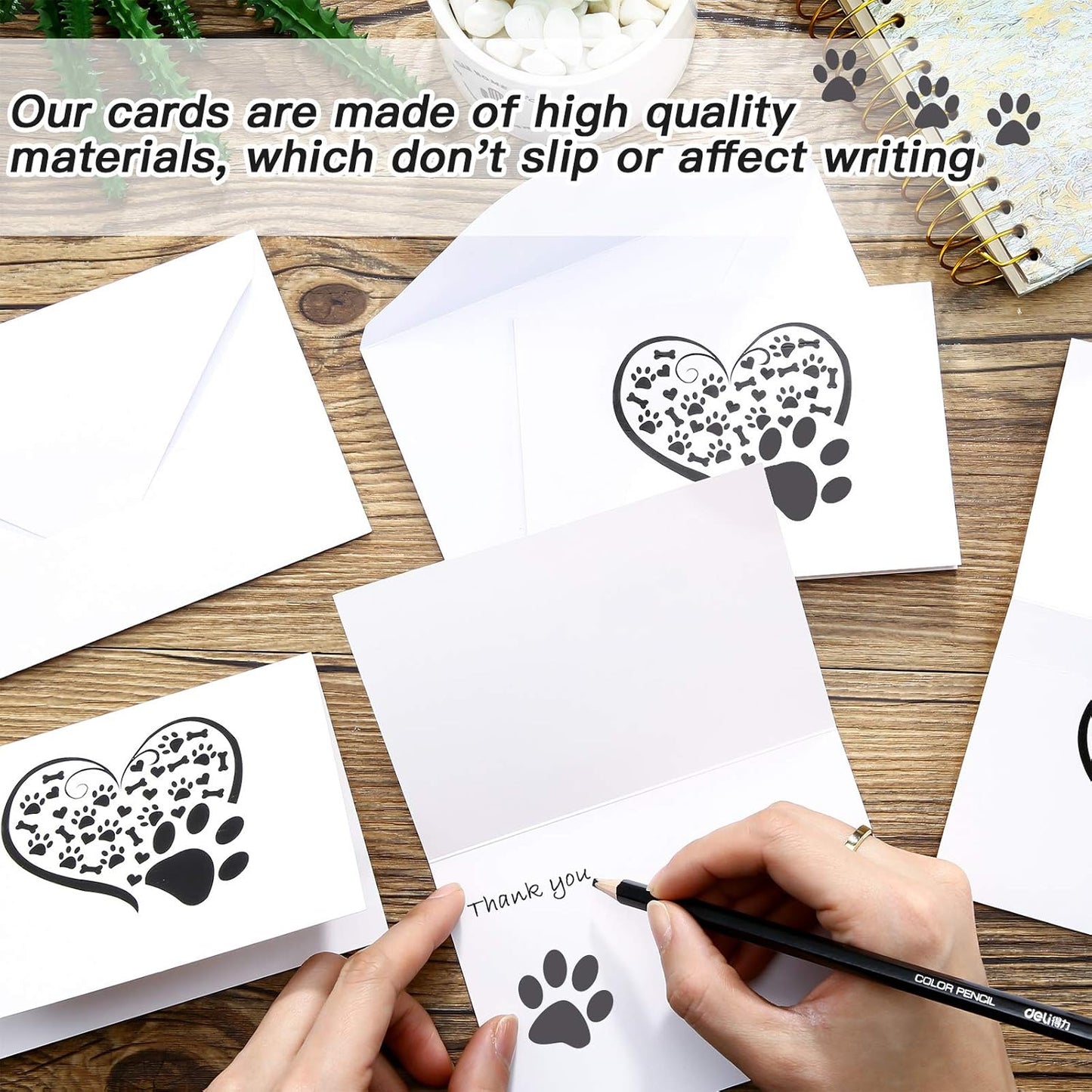 Zonon 48 Pcs Paw Printed Note Cards Set 24 Thank You Note Cards Heart Paw Print Blank Greeting with 24 White Envelopes Animal Lovers Pet Shop Birthday Party(Black and White)