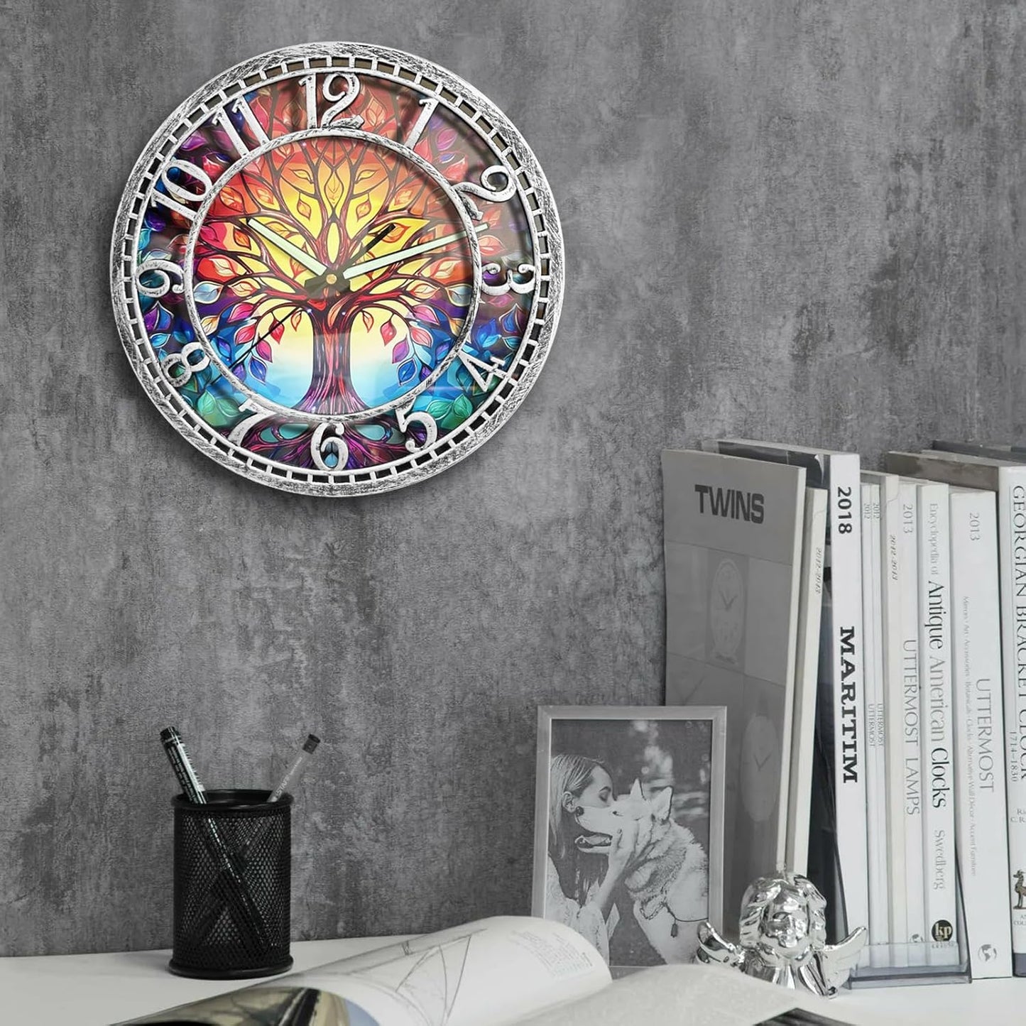 Tree of Life Wall Clock 12inch Silent Movement Clock Precise Timekeeping Wall Clock Ideal for Living Rooms Bedrooms Offices for Home Decor Enthusiasts Antique Silver