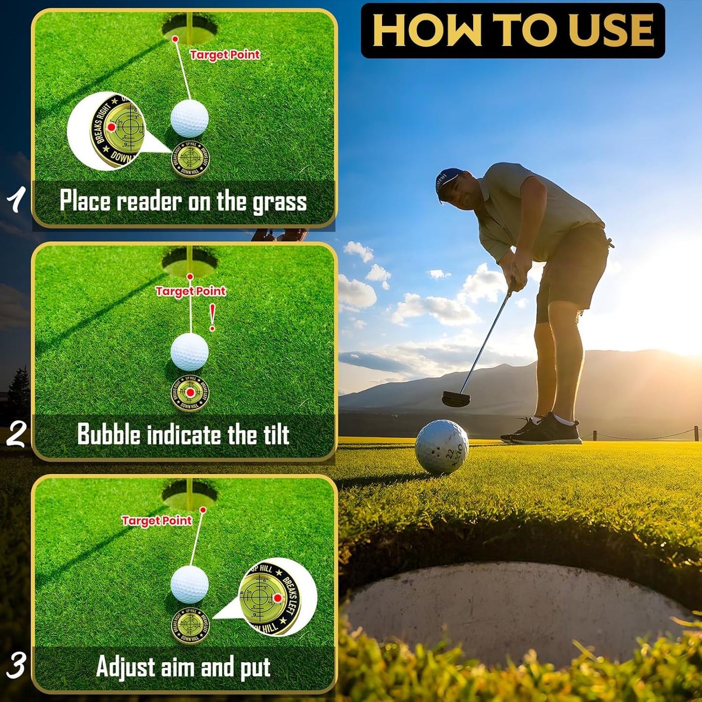 GOLD'N GOLF Pro Golf Green Reader, Level Golf Accessories for Men and Women, Golf Ball Marker, Putting Green Reading aid, Beautiful Gift for Golf Lovers