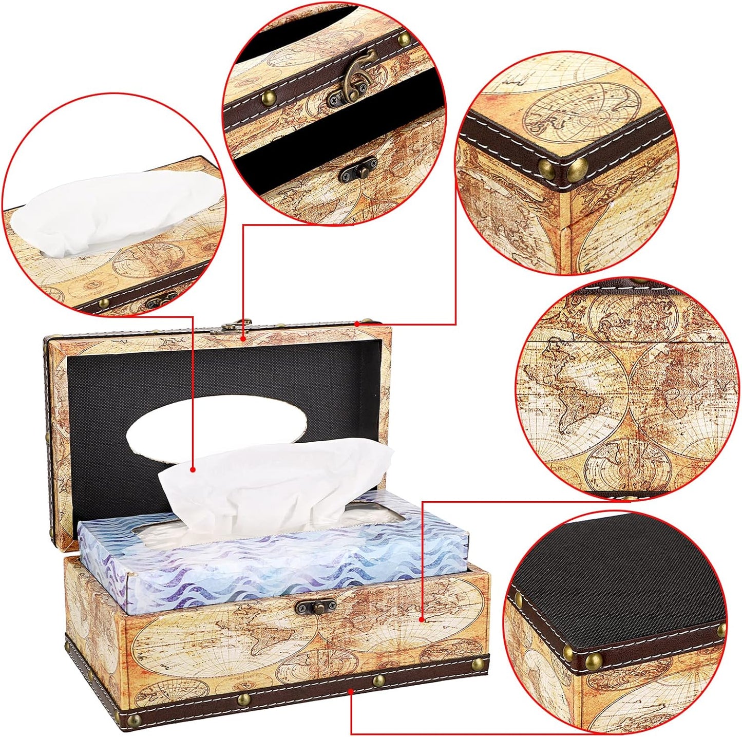 Sumnacon Tissue Box Cover Rectangle Wooden Tissue Box with Lid, Vintage Tissue Box Holder with Retro Pattern, Rustic Tissue Cover for Bathroom Toilet Living Room Table Desk Office Decor, Yellow Map