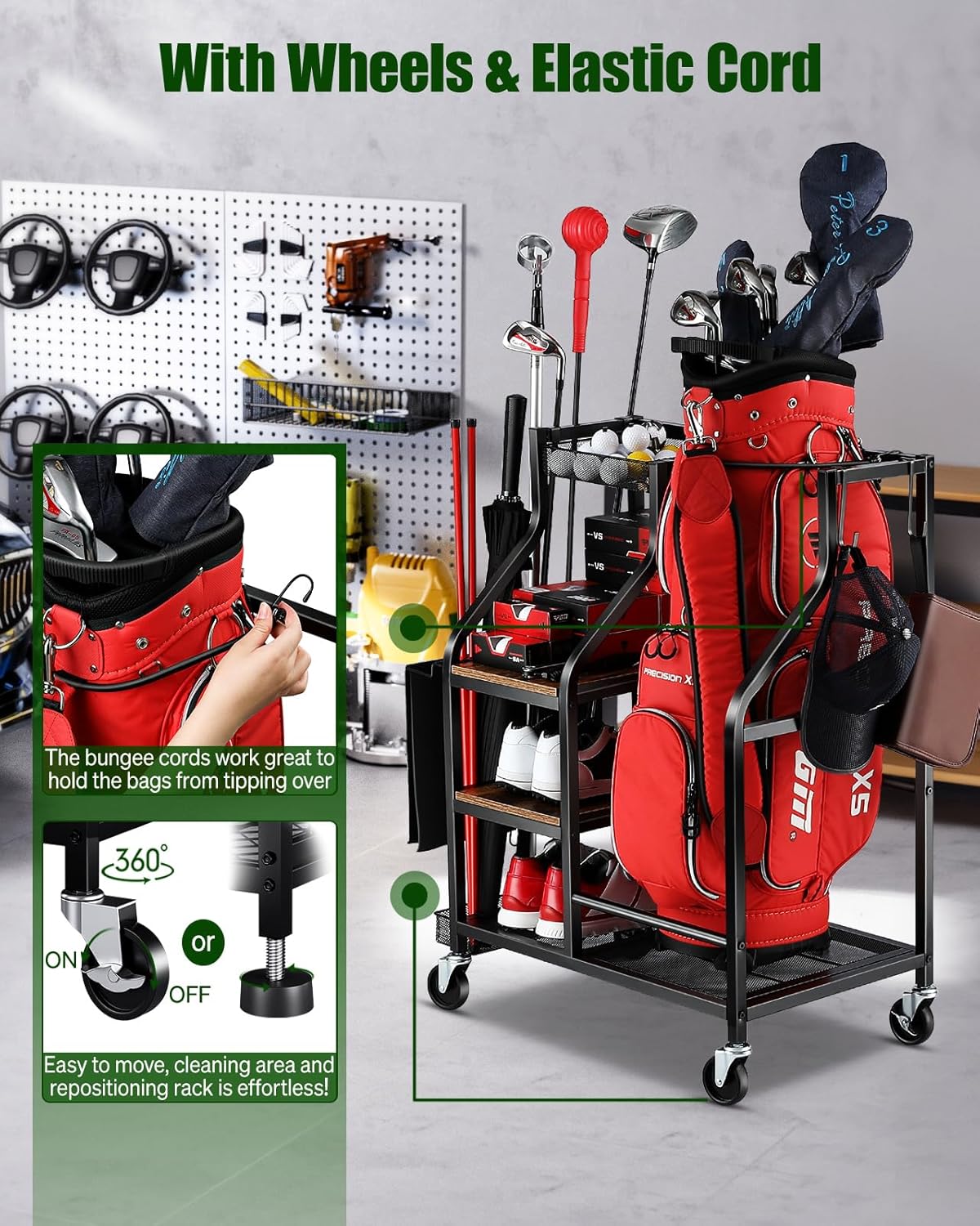 Golf Bags Storage Garage Organizer- Golf Bag Stand for Golf Bags, Clubs, Balls, Golf Equipment Accessories, Golf Bag Storage Rack with Wheels for Garage, Club, Basement