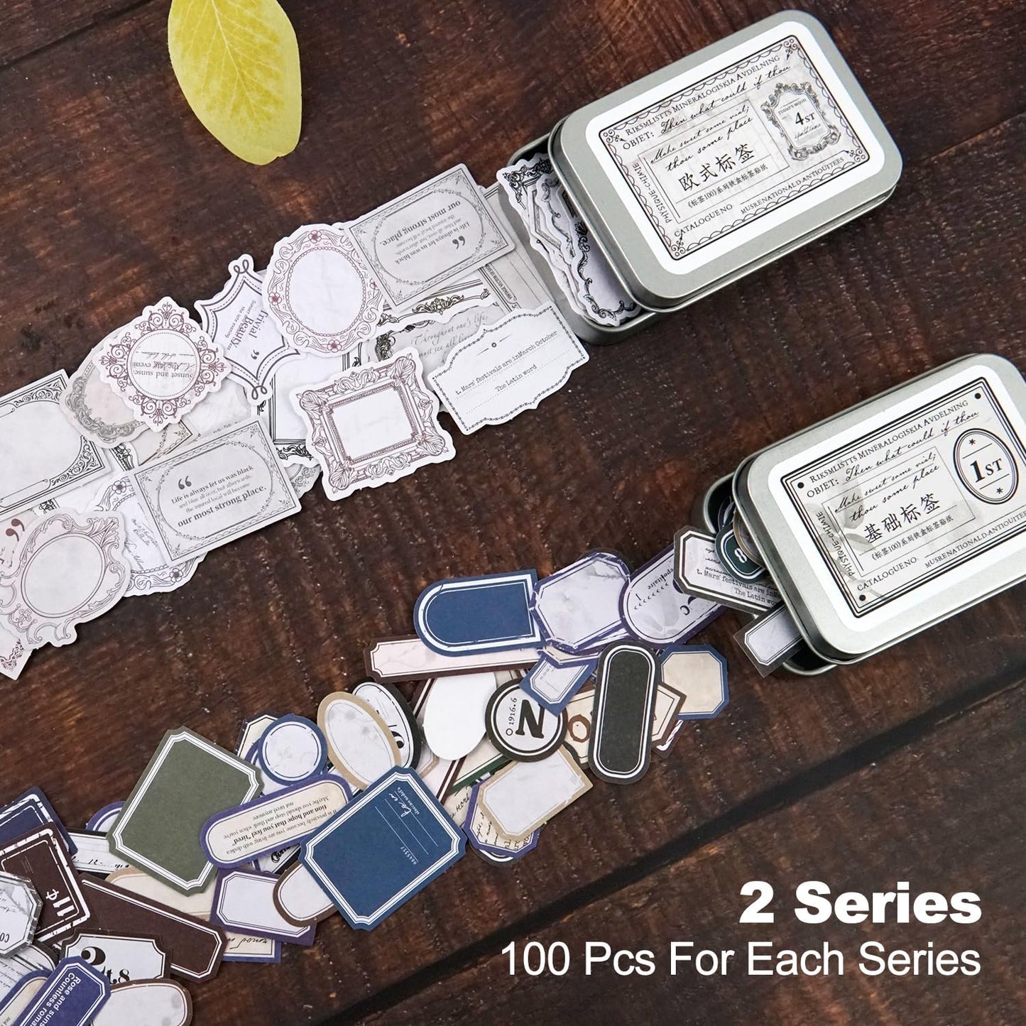 200 PCS Vintage Label Stickers Set, Retro Europe & Basic Designs for Journaling, Scrapbooking, DIY Crafts, Gift Wrapping, and Art, Includes 2 Iron Tins