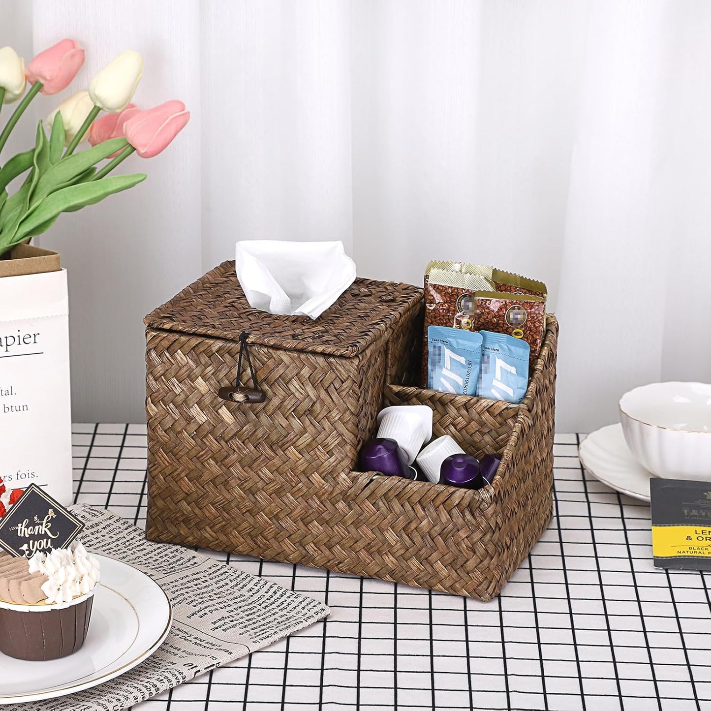 Sumnacon Square Woven Tissue Box Cover - Decorative Cube Tissue Box Holder with Side Organizer, Rustic Seagrass Tissue Box for Living Room Vanity Night Stand Table Countertop Office,Coffee