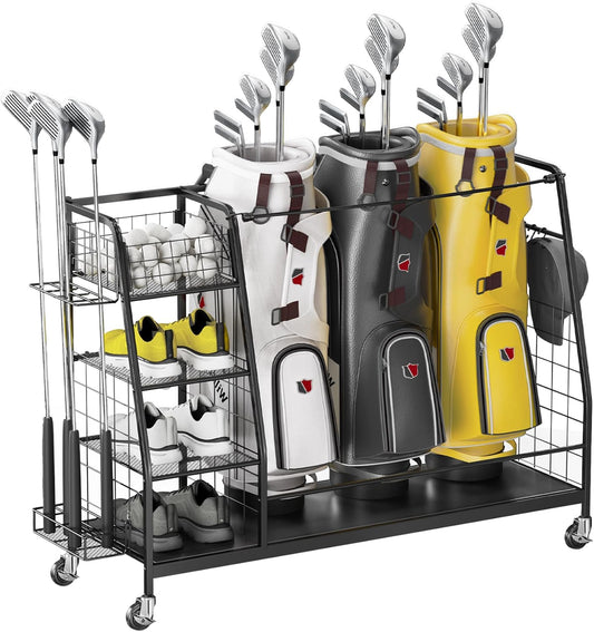 Golf Bag Organizer for Garage - 3 Golf Bag Storage Rack with Lockable Wheels - Golf Equipment Stand - Golf Clubs Bags Accessories Holder
