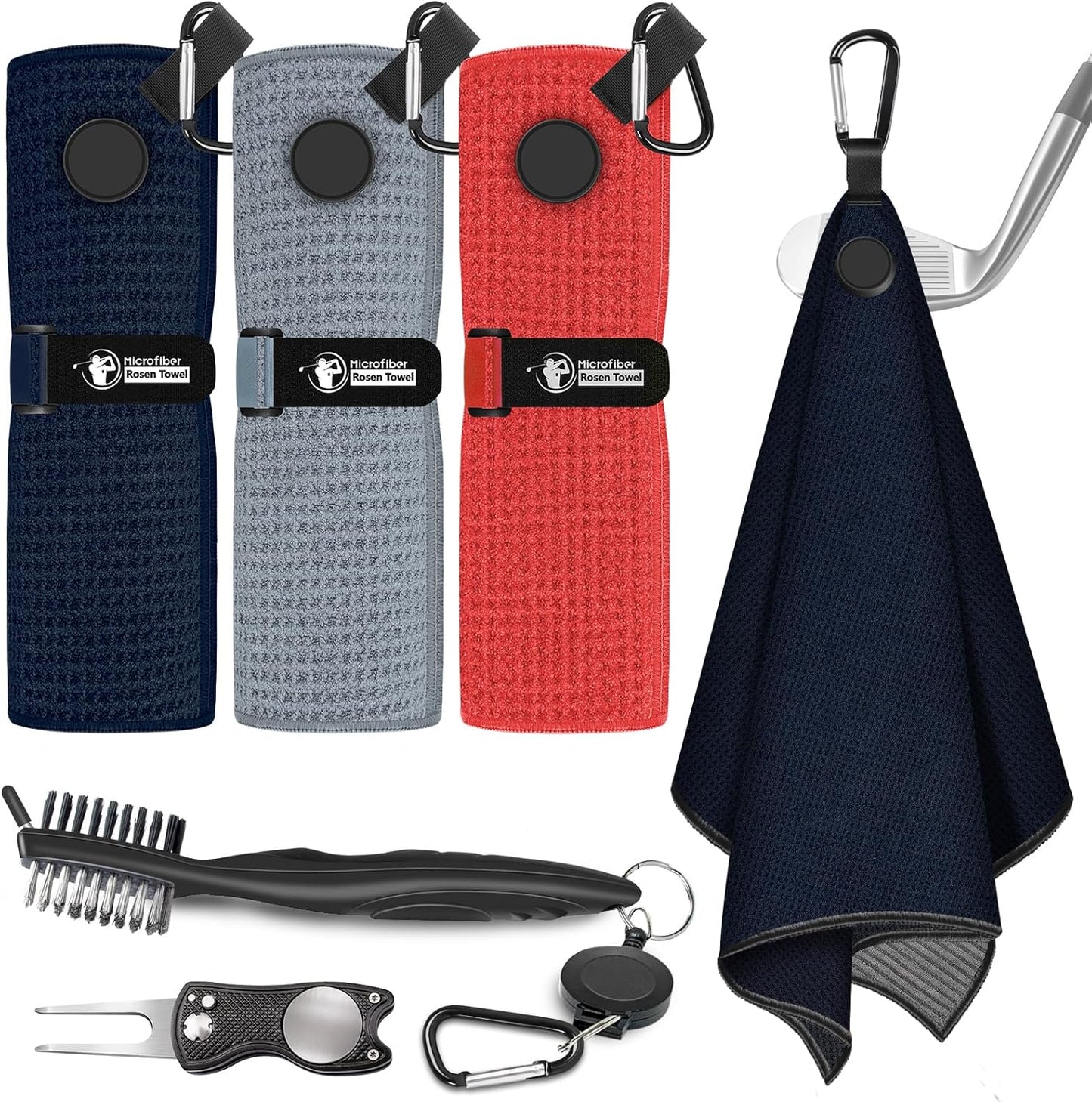 Golf Towel, 3 PCS Magnetic Golf Towels with Brush and Divot Tool, Microfiber Waffle Pattern with Clip for Men, Industrial Strength Magnet for Strong Hold to Golf Bags, Carts or Clubs (Black Gray Red)