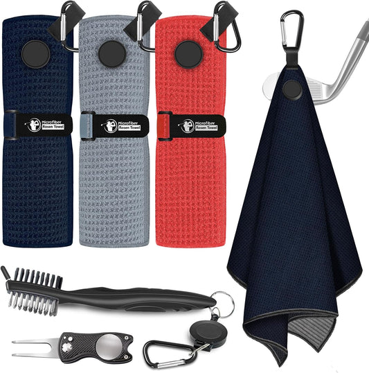 Golf Towel, 3 PCS Magnetic Golf Towels with Brush and Divot Tool, Microfiber Waffle Pattern with Clip for Men, Industrial Strength Magnet for Strong Hold to Golf Bags, Carts or Clubs (Black Gray Red)