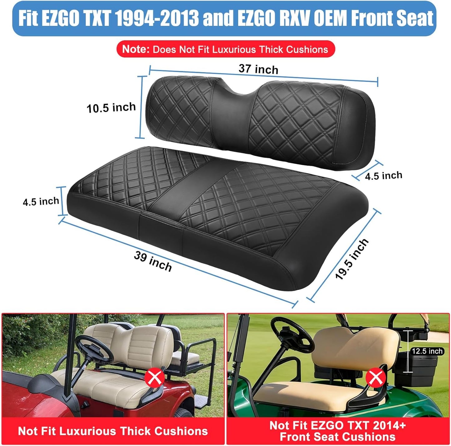 EZGO Seat Cover, Golf Cart Front Seat Cover Fit for EZGO TXT 1994-2013 and EZGO RXV OEM Ordinary Seat Cushion, Concave and Convex Design Appearance, Thick Vinyl Leather Comfortable/Breathable/Anti-Fad