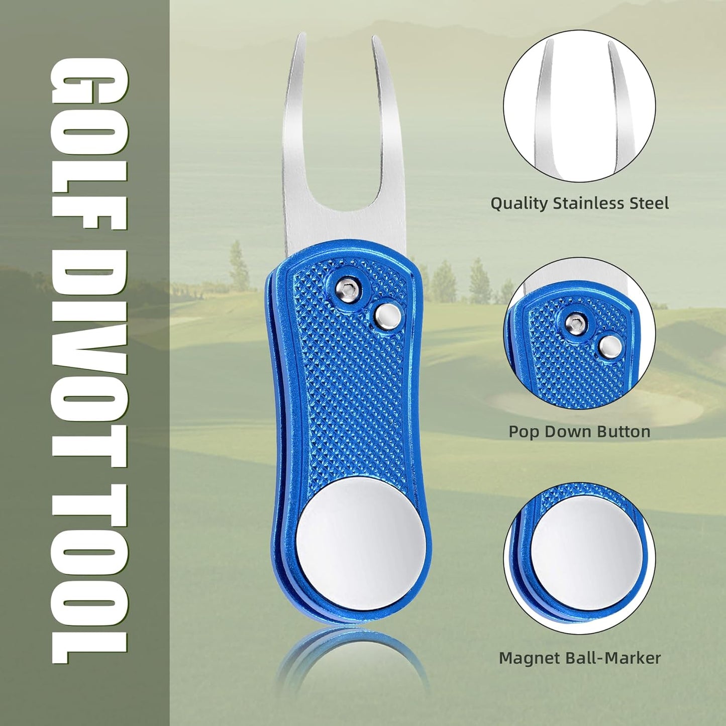 Mile High Life Golf Divot Repair Tool, All Metal Foldable Divot Tool with Pop-up Button & Magnetic Ball Marker
