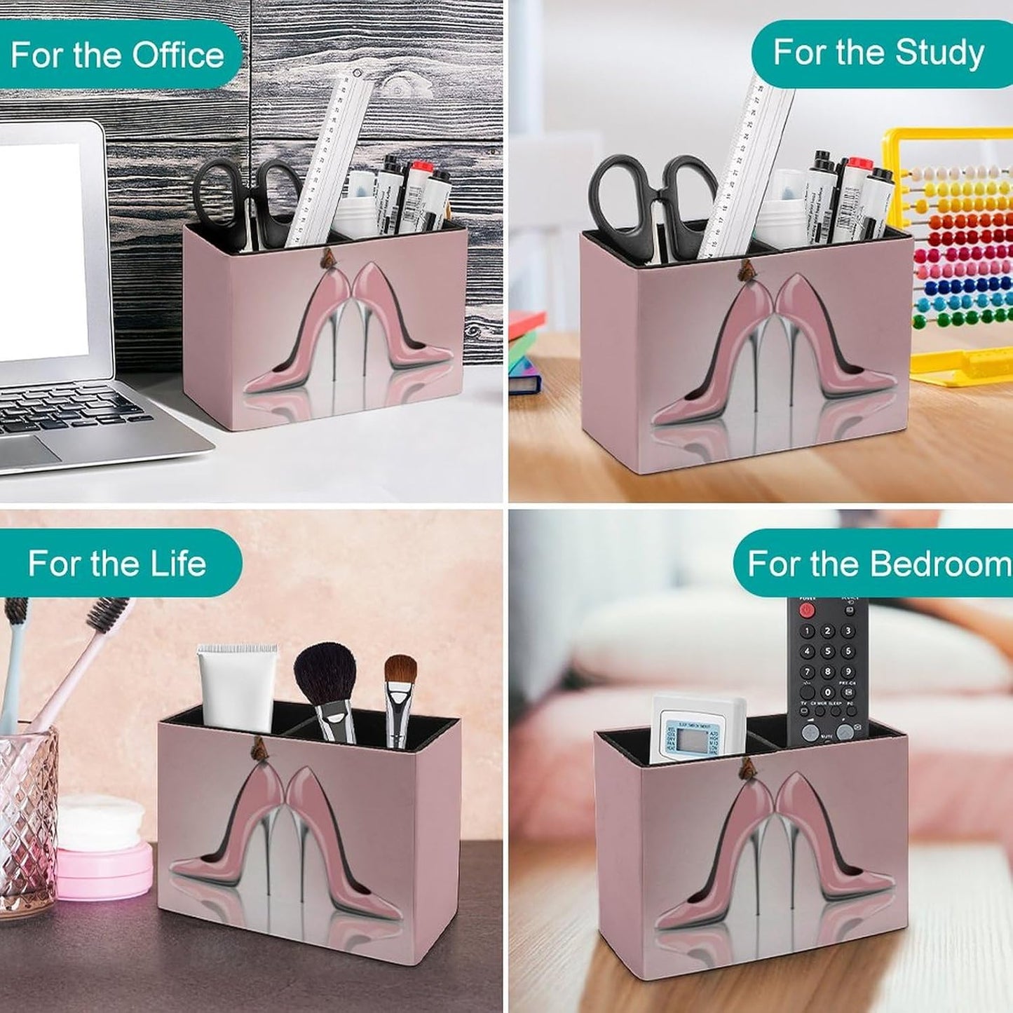 Pen Holder, Pencil Holder for Desk Organizer, Pink High Heel Shoes Butterfly PU Leather Pencil Cups Desktop Stationery Storage Makeup Brush Holder Pen Organizer for Office Home