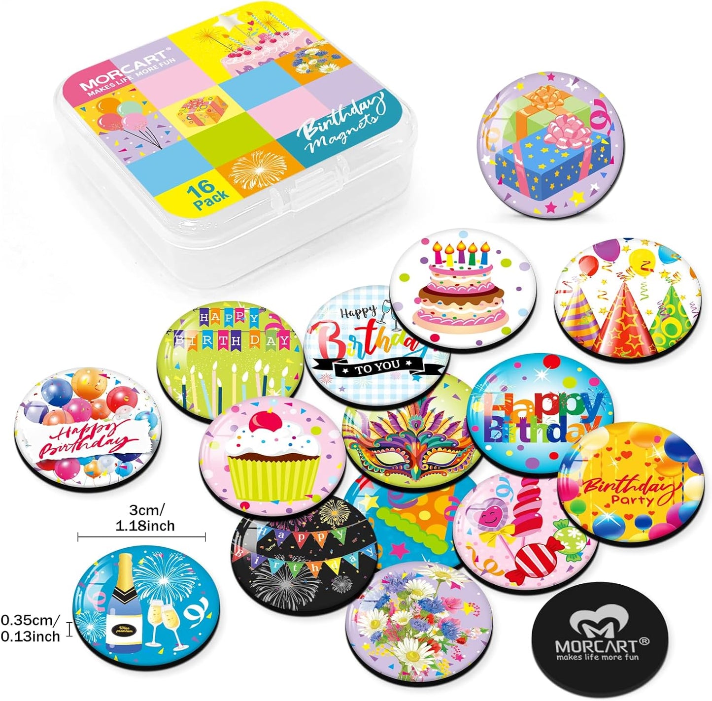 MORCART 16PCS Cute Birthday Magnets Decoration for Fridge Refrigerator Locker Whiteboard Decorative Magnetic Board Cabinets Classroom Office Cubicle Gift (Birthday)