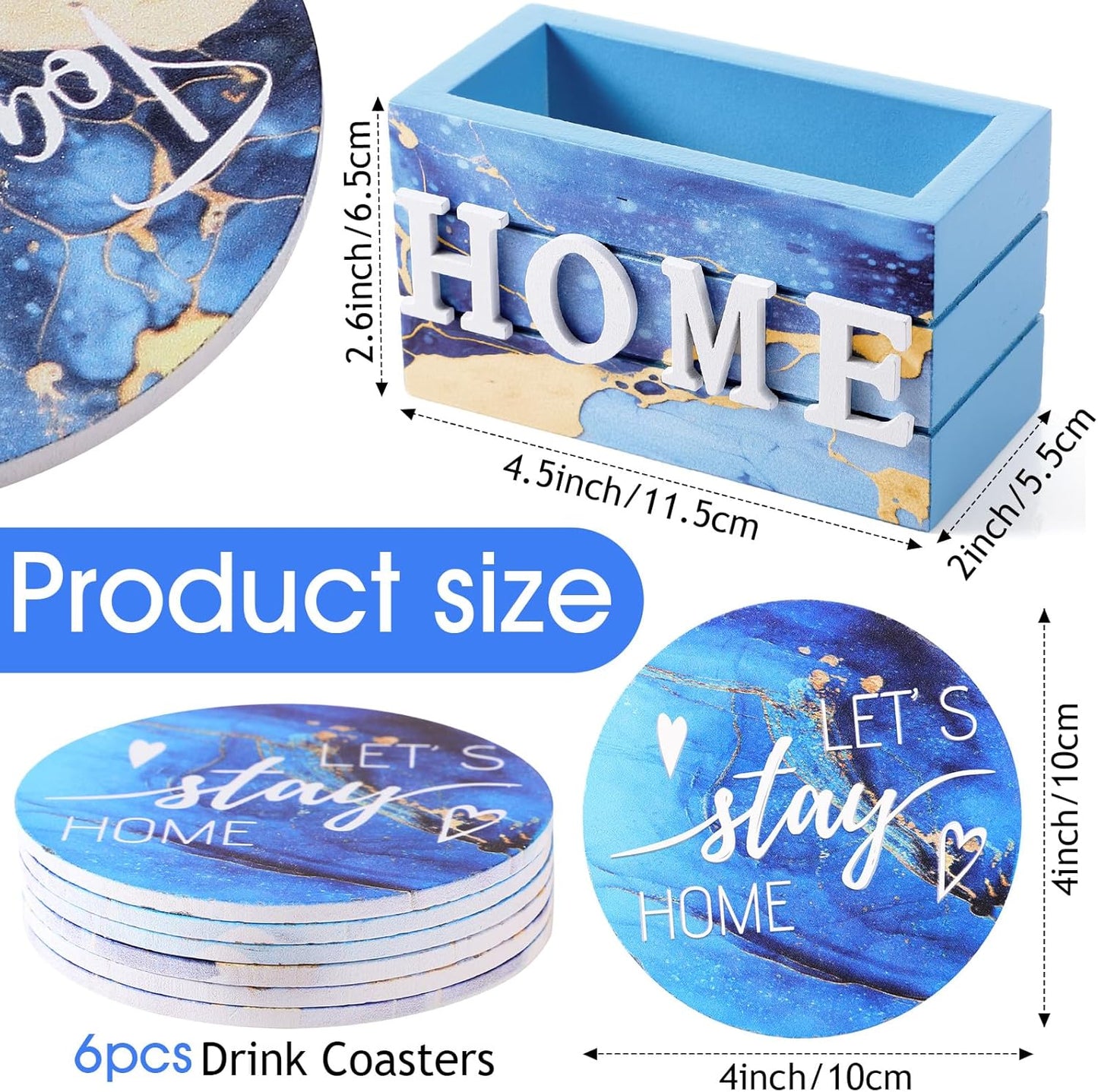 Queekay Housewarming Gifts for Home Decoration Wooden Heart Coasters for Drinks 6 Set Farmhouse Coasters with Holder Funny for Family Coffee Table Protection, 4''(Gilded Blue)