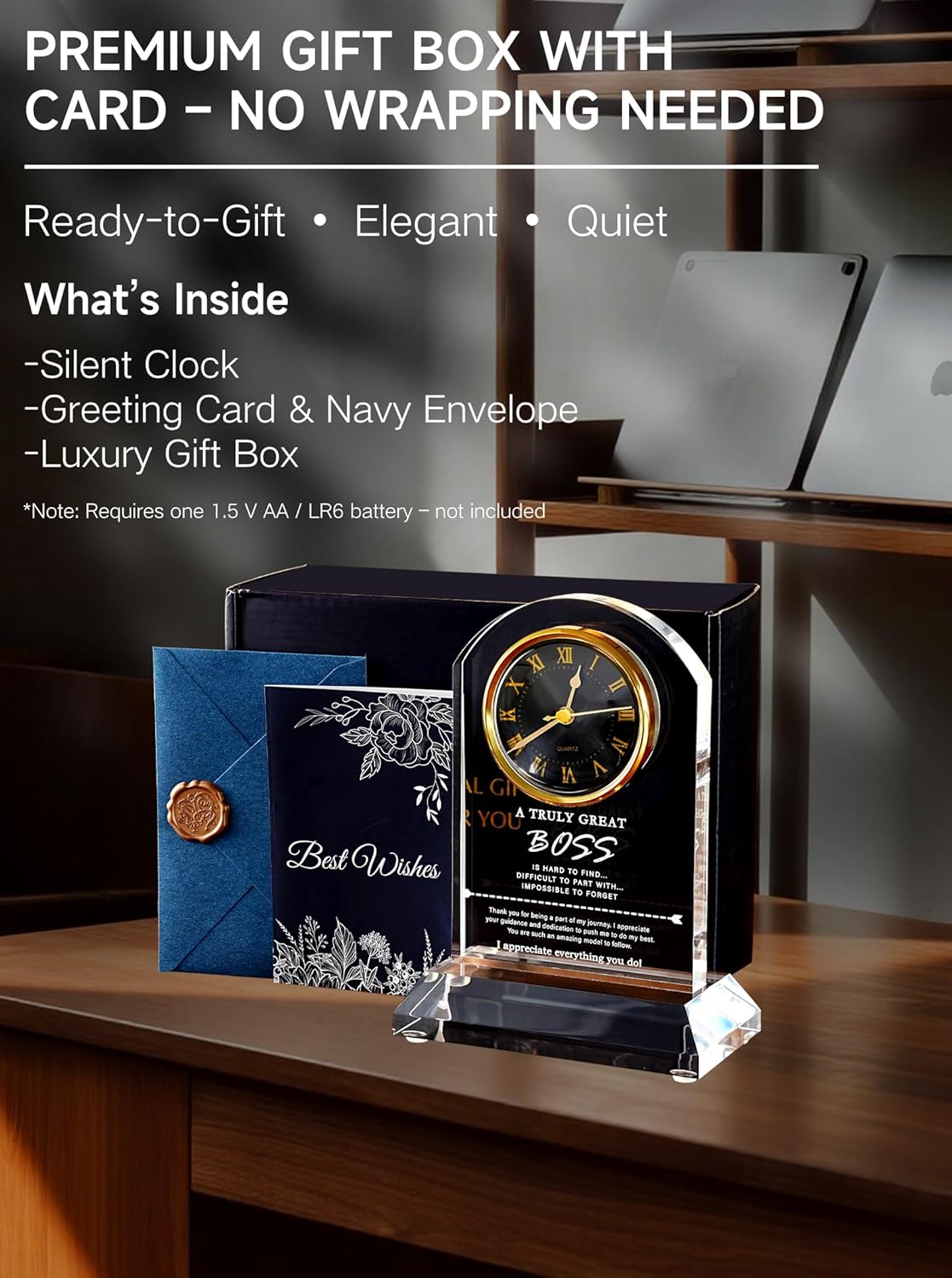 DEEWISH Best Boss Ever Gifts for Women Men, Boss Appreciation Retirement Clock Gift, Boss's Day Idea, Office Home Desk Décor for Boss Female Male (Gift Box & Card, Battery Not Included)