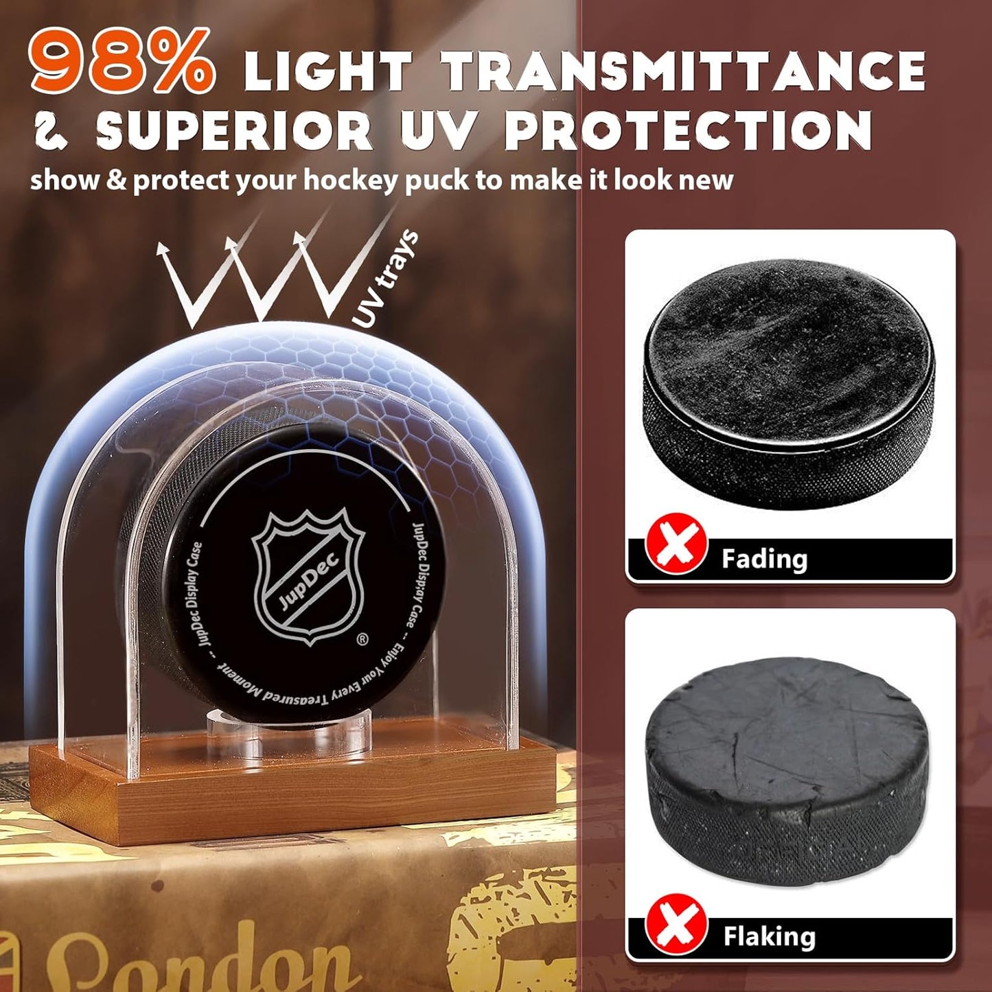 JupDec Hockey Puck and Collectibles Display Case, Premium Acrylic Clear Box Puck Holder with Mahogany Wood Base, Showcase for Autographed Souvenir Memorabilia, Collectible Figure Stand