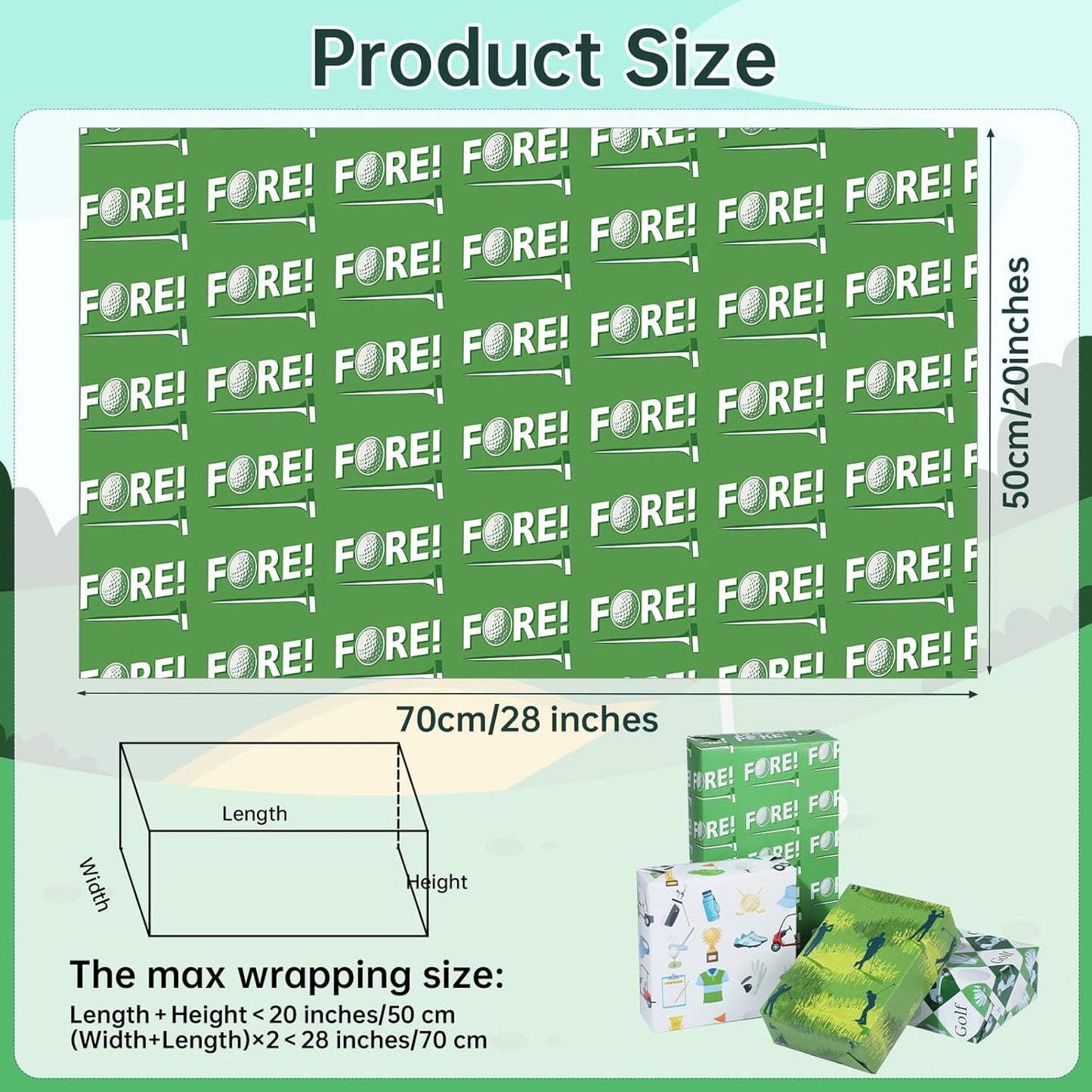 Golf Wrapping Paper 12 Sheets Carts Bags Fore Designs Gift Wrap for Golf Lovers, Players, Coaches, 20"×28"