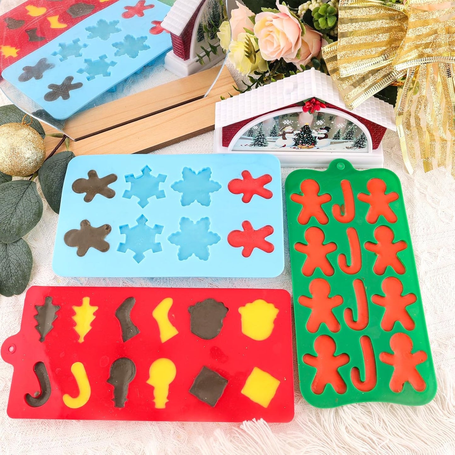 Christmas Silicone Molds Christmas Chocolate Molds Candy Molds for Baking Sweet Treats,Cake Xmas Gift Handmade Soap Candles with Shape of Christmas Tree, Santa Head Party Decoration Red,Green,Blu