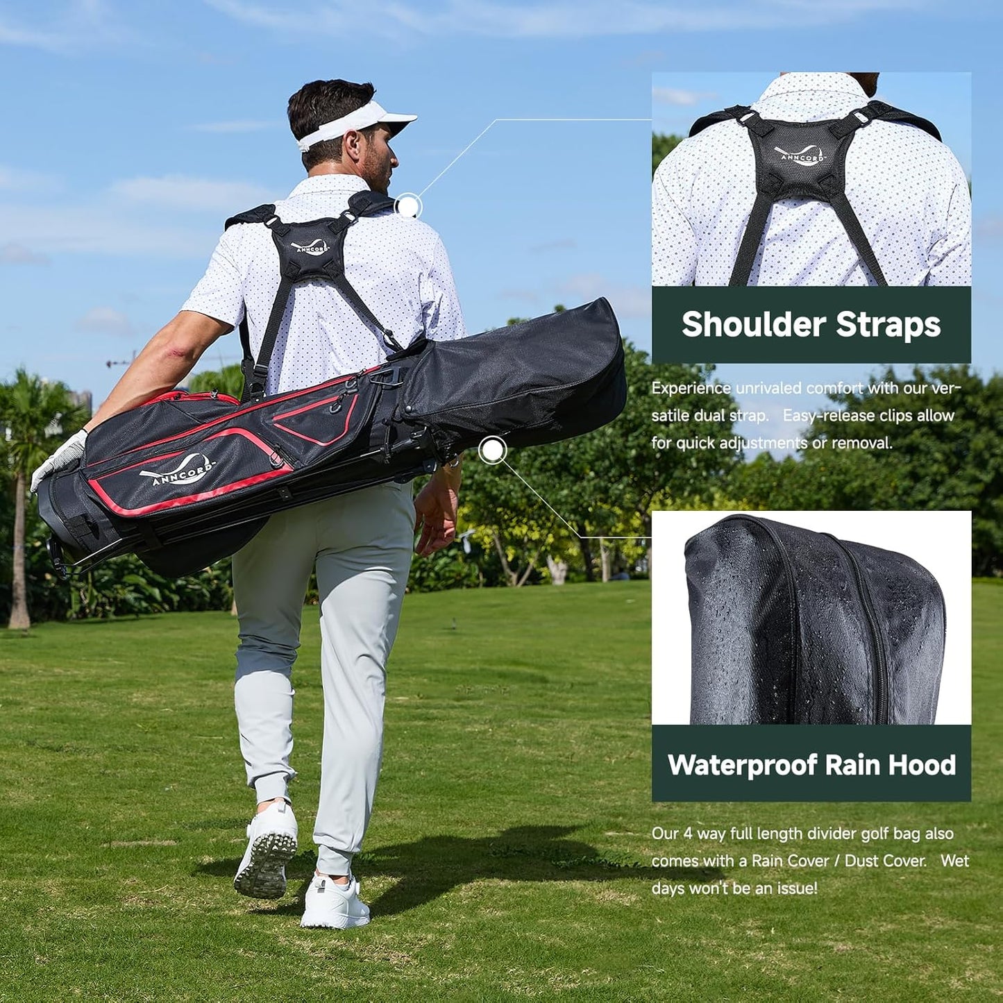 Golf Stand Bag with 4 Way Full Length Dividers, 4.4 Lbs Lightweight Golf Bag for Men Women, Waterproof Golf Carry Bags w/Stand, 7 Pockets & Cooler Pouch, Dual Straps, Rain Hood