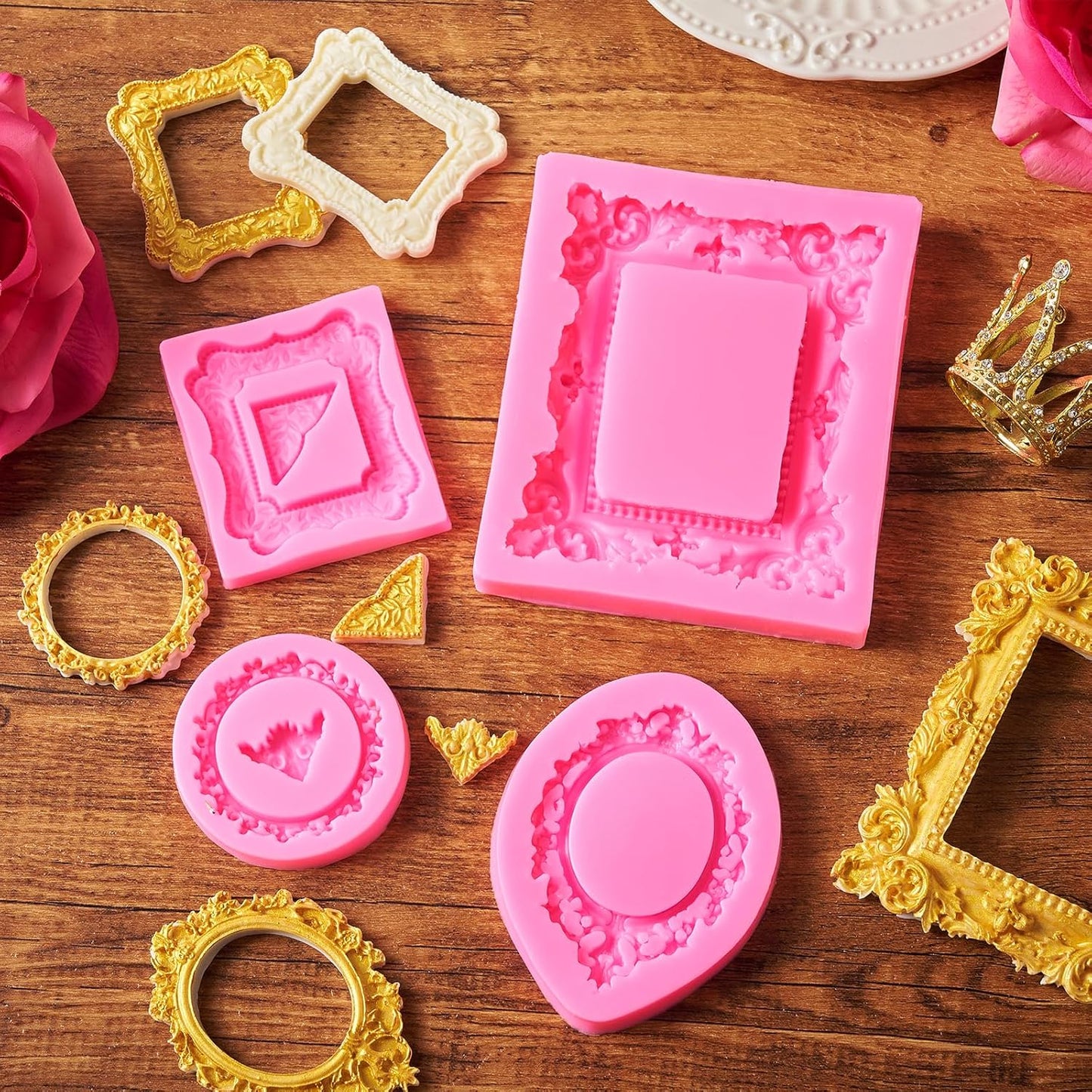4 Pcs Photo Frame Silicone Molds, Vintage Picture Photo Frames Fondant Molds for Cupcake Topper, Chocolate, Candy, Donut Cake Puck Decoration and Clay Craft Making