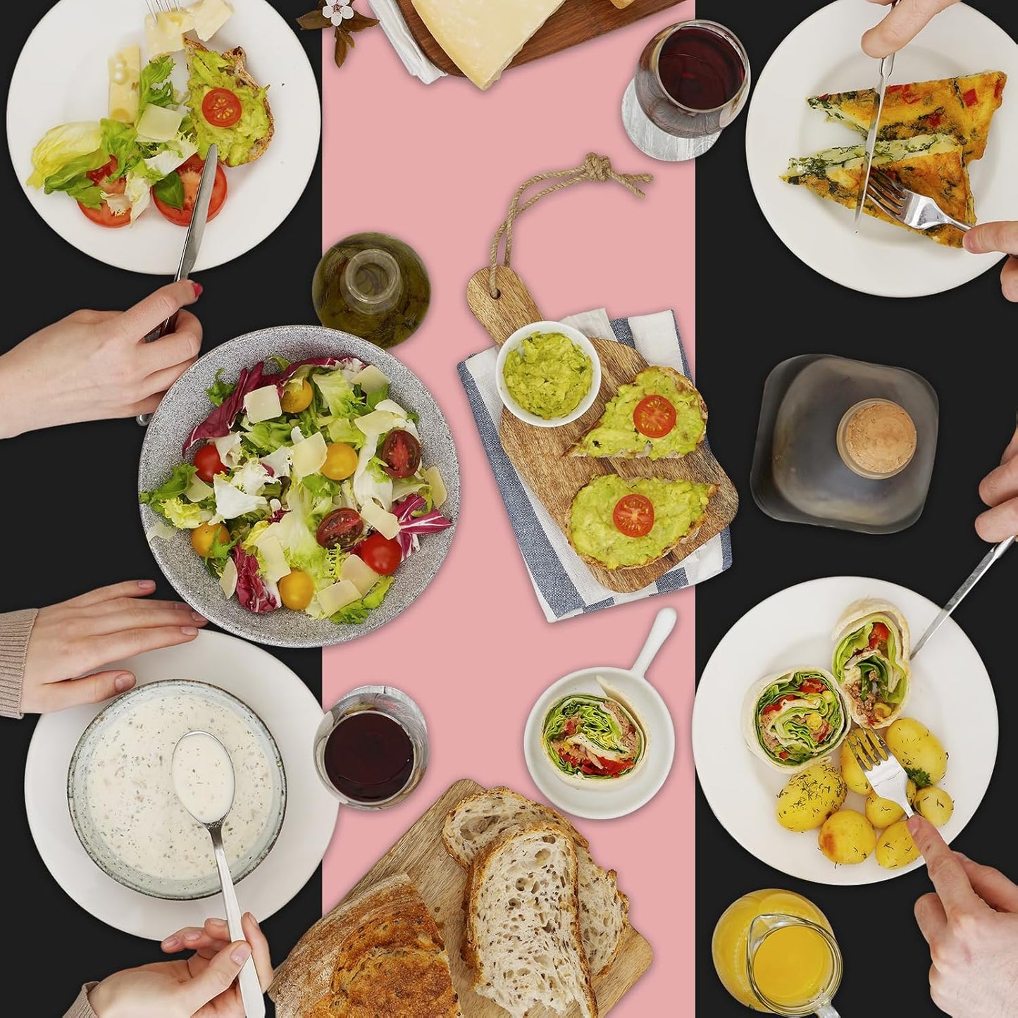 6 Pack Rectangle Plastic Dot Tablecloth Set, 54 X 108 Inch Plastic Table Cover, 12 x 108 Inch Satin Table Runners for Wedding Graduation Birthday New Year Party Decorations (Black, Rose Gold)