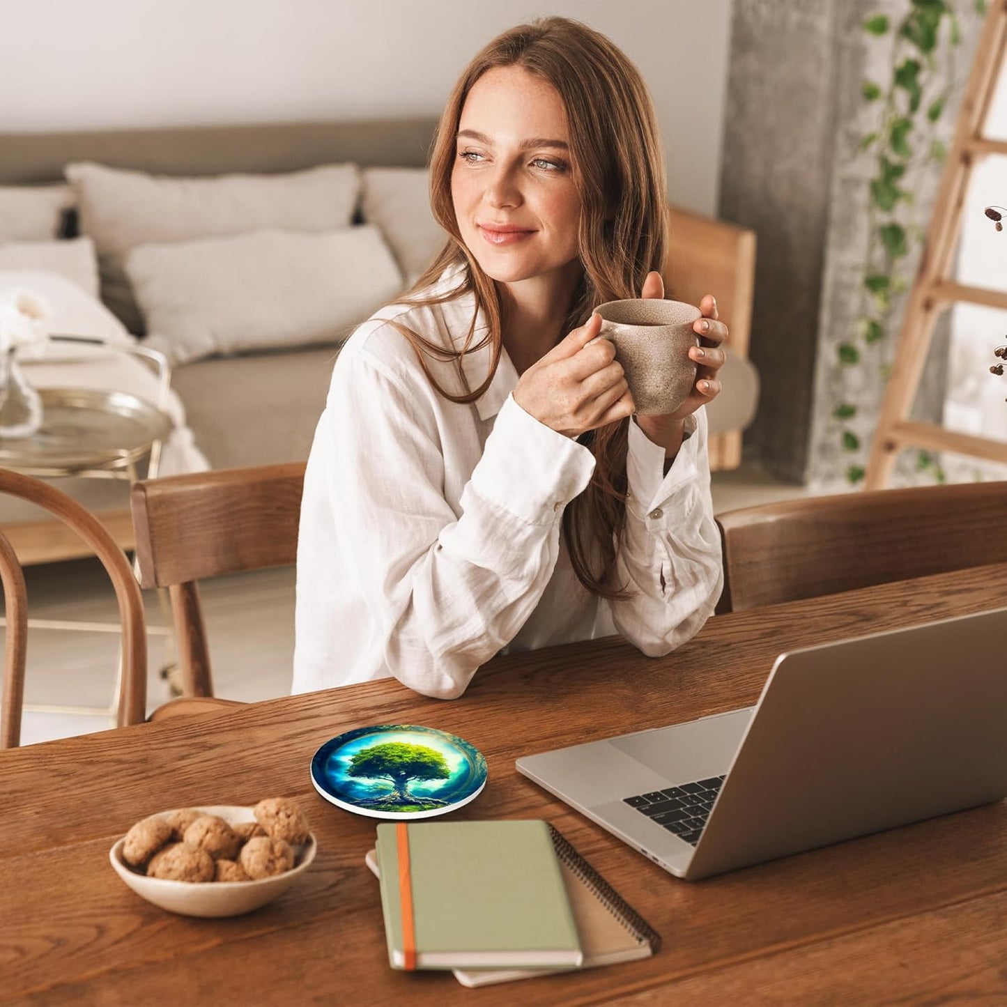 Coasters Set of 4, Magic Green Round 4" Ceramic & Cork Coasters, Absorbent, Ideal for Table Home Decor & Gifts