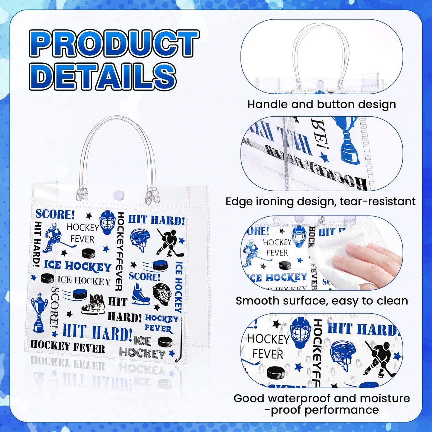 Liobelon 24 Pieces Transparent Ice Hockey Goodie Bags Hockey Clear PVC Gift Bag with Handles 7.9 x 7.9 x 3.1Inch Sport Theme Party Favor Bags for Birthday Holiday Sports Team Game Celebration