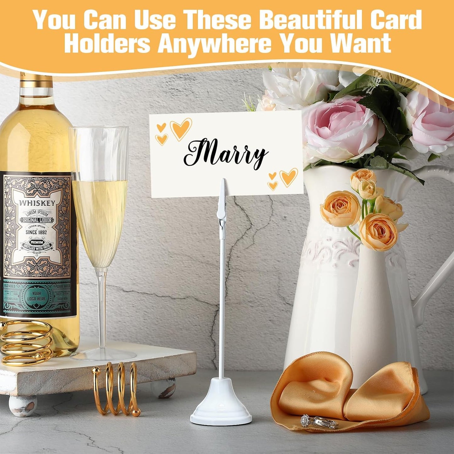 Skyygemm 12 Pcs Table Number Holders 8 Inch Place Card Holder with Alligator Clip Metal Place Card Stands Table Sign for Photos, Food Signs, Birthdays, Weddings (White)