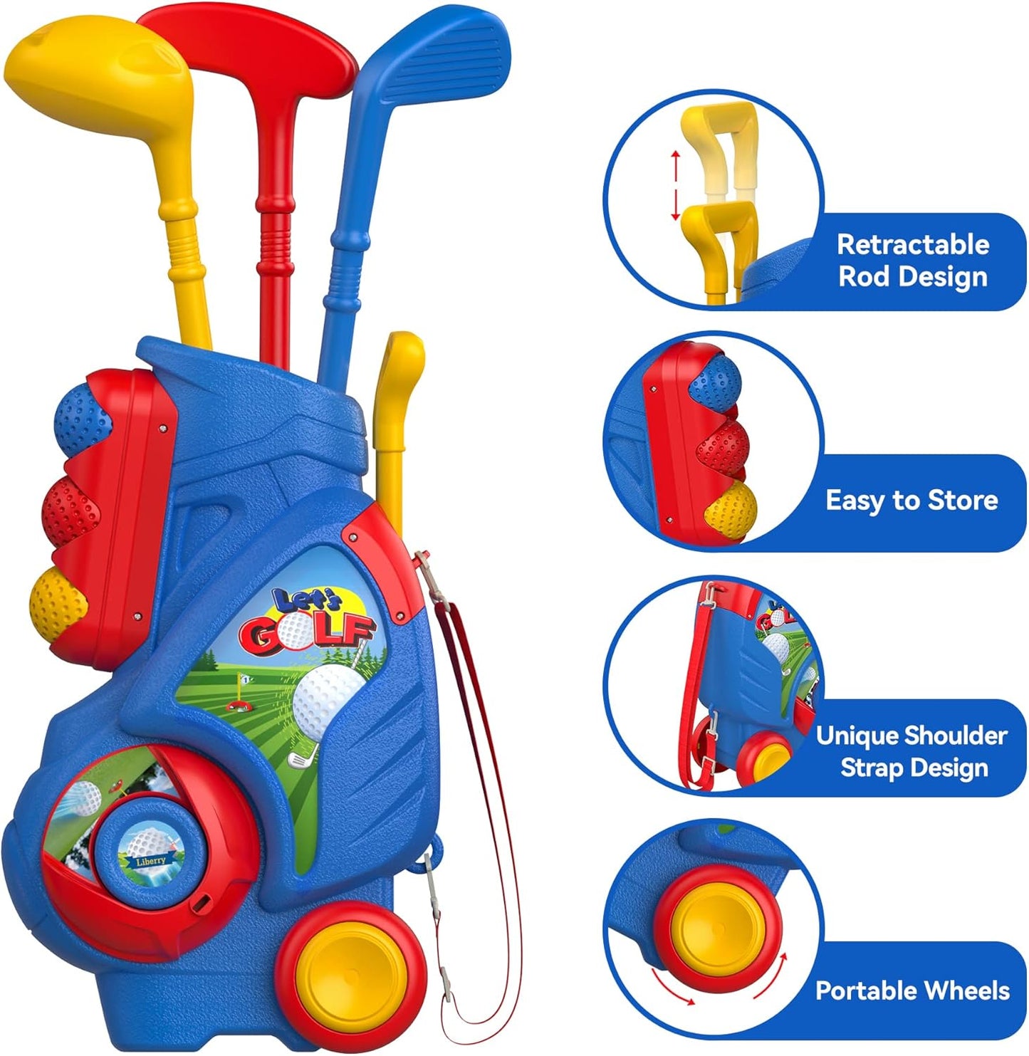 Liberry Toddler Golf Set, Upgraded Kids Golf Cart with Unique Shoulder Strap Design, Indoor and Outdoor Sports Toys Christmas Gift for Boys Girls 1 2 3 4 5 Years Old