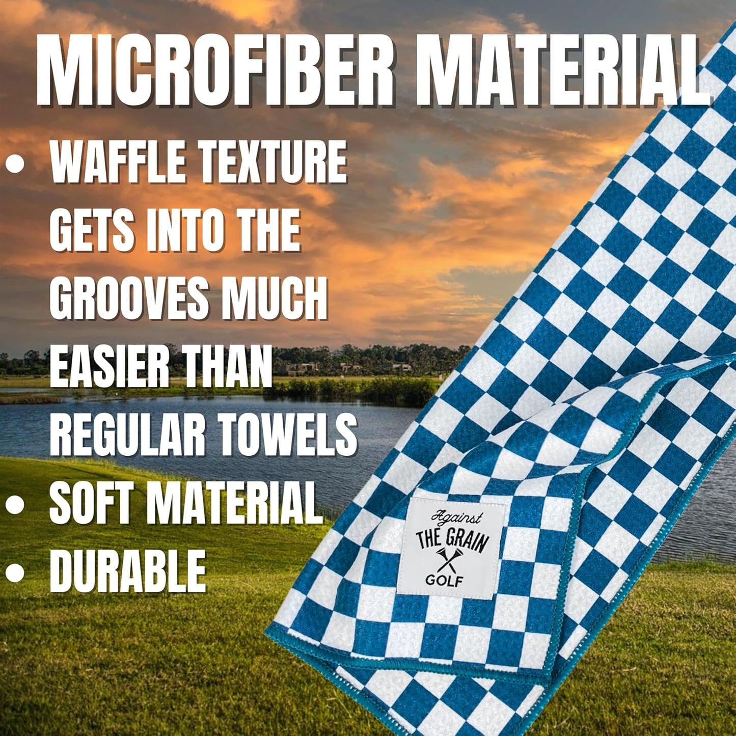 Against The Grain Blue Microfiber Golf Towel with Clip - (12"x20") Blue & White Checkered Design Golf Club Towel, Golf Towels for Golf Bags for Men & Women
