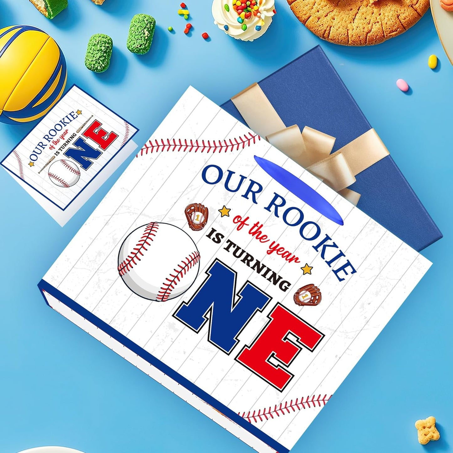 EoBeCy Baseball First Birthday Gift Bag with Tissue Paper and Greeting Card, Rookie of The Year Wrapping Paper, Large Sports Gift Bag for Boys Kids One Year Old Birthday Party Favors