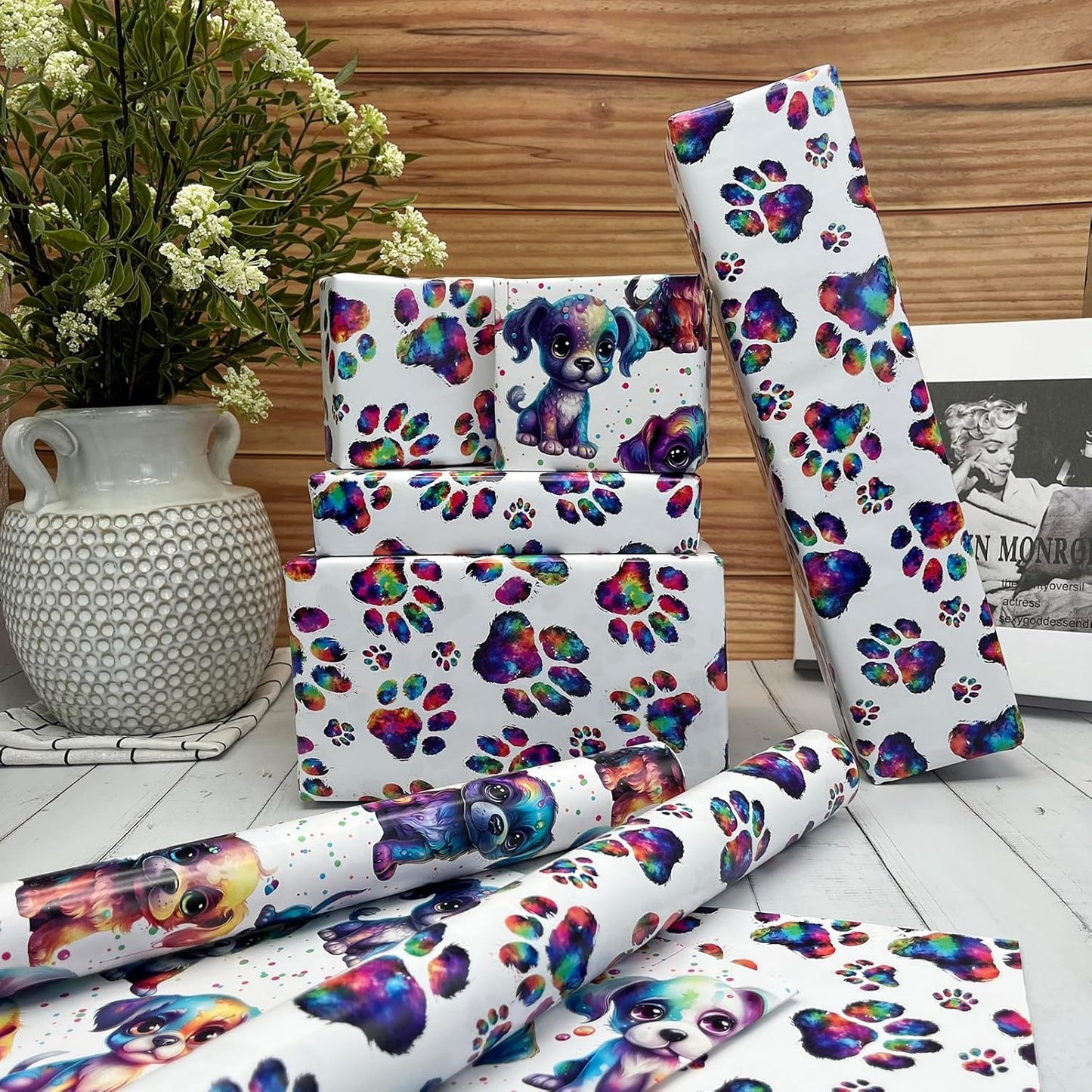 Dtiafu Dog Wrapping Paper - Colorful Paw Wrapping Paper for Boys Girls Kids Birthday Baby Shower Holiday - 20 X 28inch Per Sheet(8 Sheet Folded Flat)