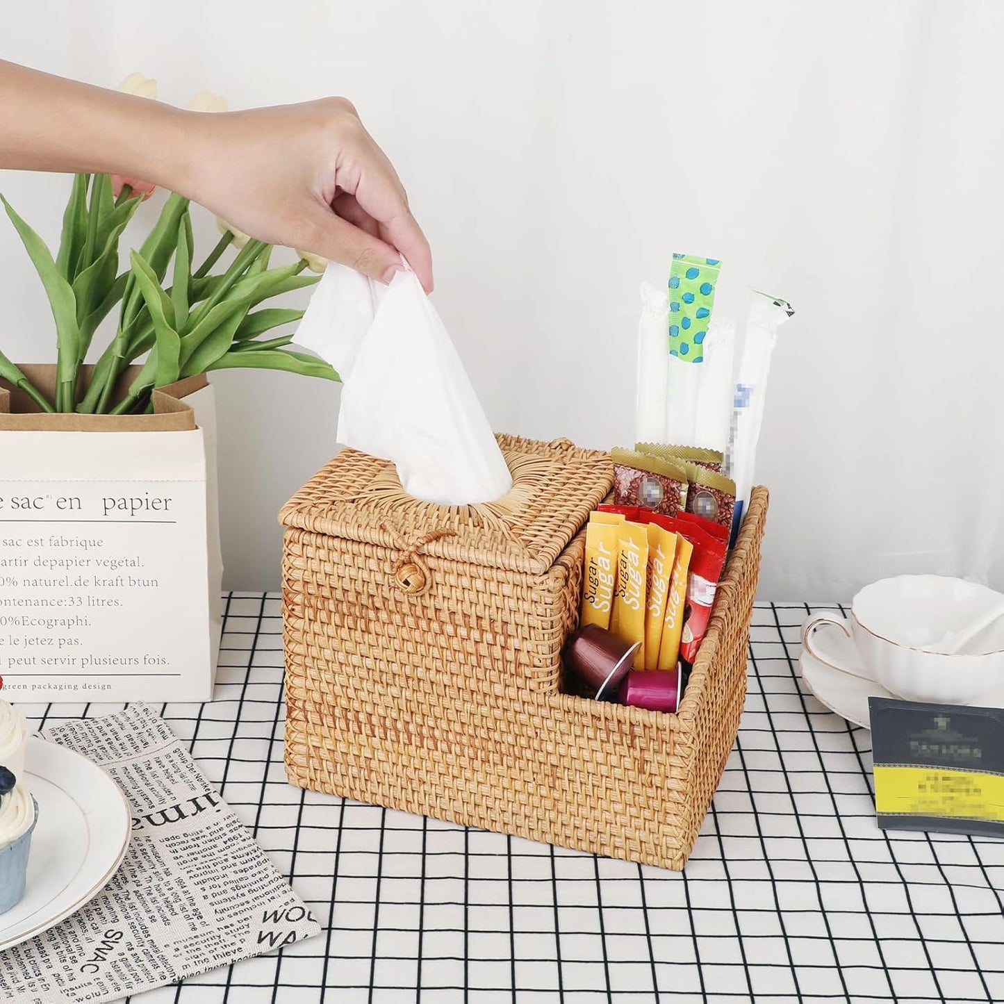 Sumnacon Tissue Box Square Tissue Box Cover with Storage Rattan Tissue Box Holder with 2 Side Organizer,Wicker Tissue Cover Cube Tissue Holder for Bathroom Living Room Table Desk Office