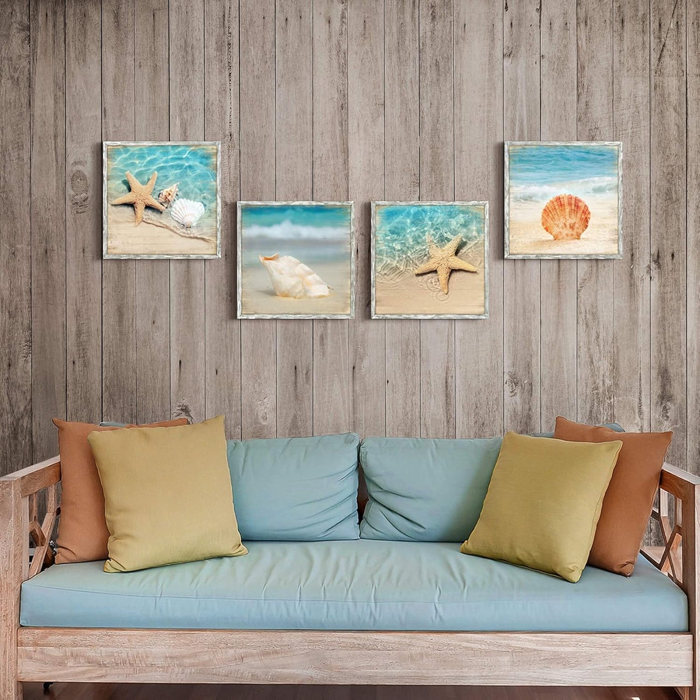 Ocean Pictures Framed Wall Art: Beach Artwork Set of 4 Seashell & Starfish Pictures Prints on Wood Seascape Wall Decor for Living Room