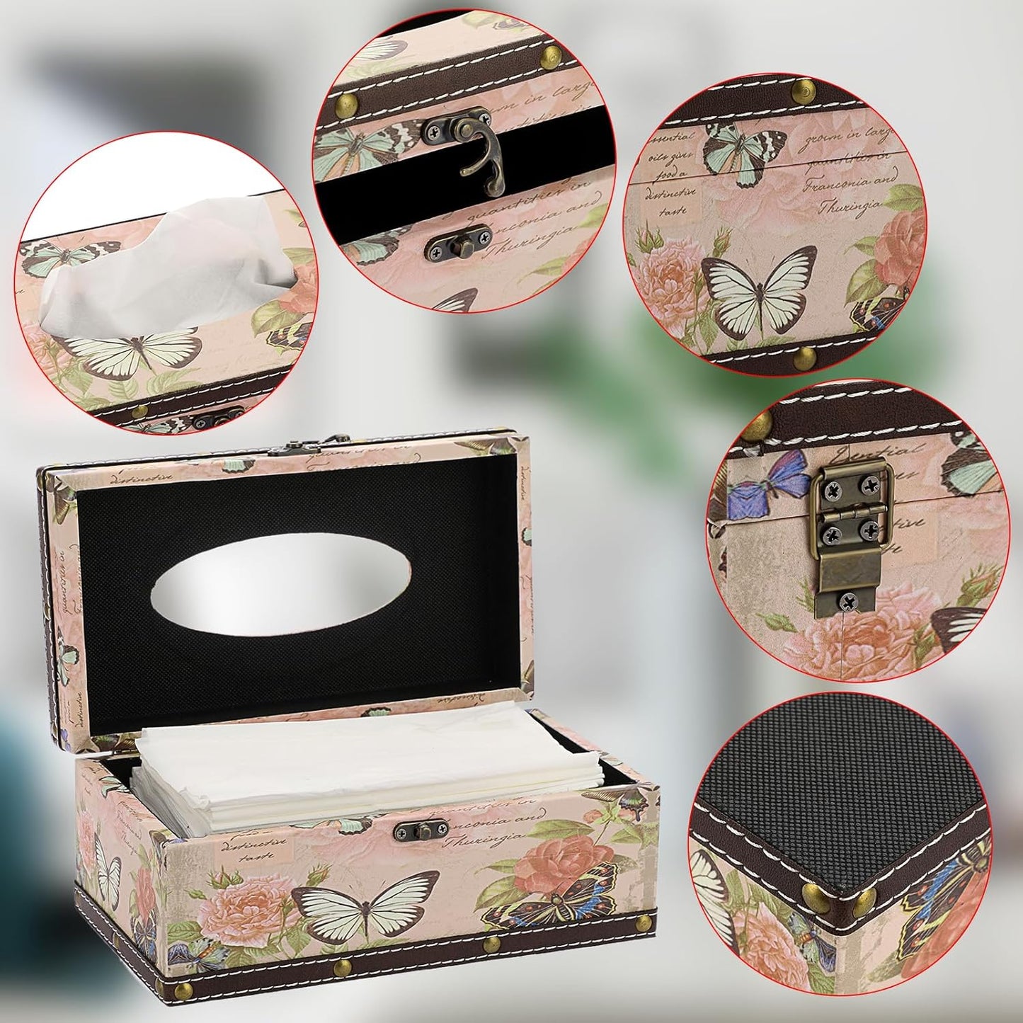 Sumnacon Tissue Box Cover Rectangle Tissue Box with Lid,Wood Tissue Box Holder with PU Cover and Vintage Pattern,Retro Tissue Cover for Bathroom Toilet Living Room Table Desk Office Car Decor, Pink