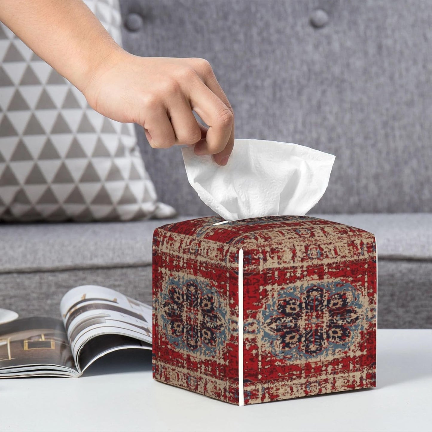 Tissue Box Cover Square, Vintage Boho Carpet Rug Leather Tissue Box Holder Decorative Organizer for Bathroom, Home Office Car Decor