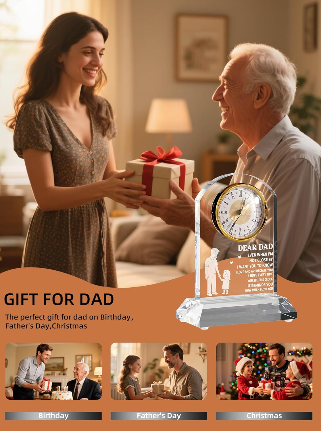 DEEWISH Clock Gifts for Dad from Daughter Son, Birthday Gifts for Dad Who Wants Nothing, Ideas, Unique, Elegant Clock with Gift Box & Card (Battery Not Included)