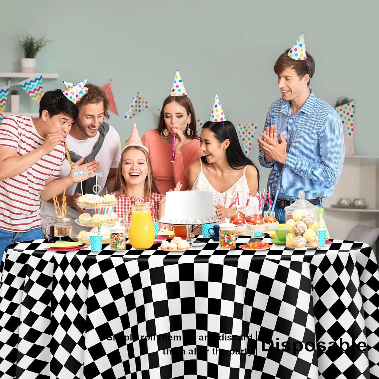 6 Pack Black and White Checkered Tablecloth, Round Black Checkered Flag Plastic Table Cloths for Parties Disposable, 84x84 in Waterproof Race Car Tablecloth for Birthday Party Halloween Picnic School