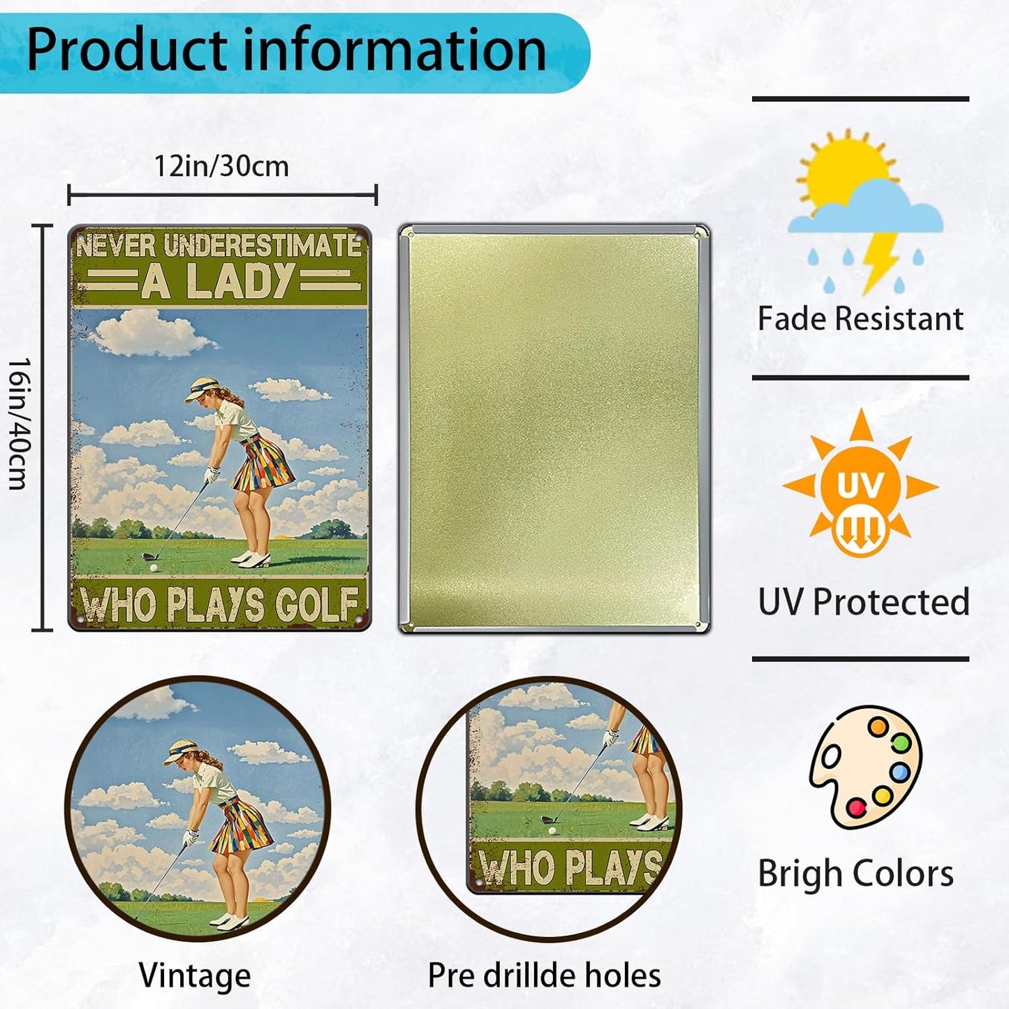 Golf Vintage Tin Sign Metal Sign Never Underestimate A Lady Who Plays Golf Iron Painting Vintage Wall Decoration Poster For Home Club Man Cave Sign 12x16 Inch