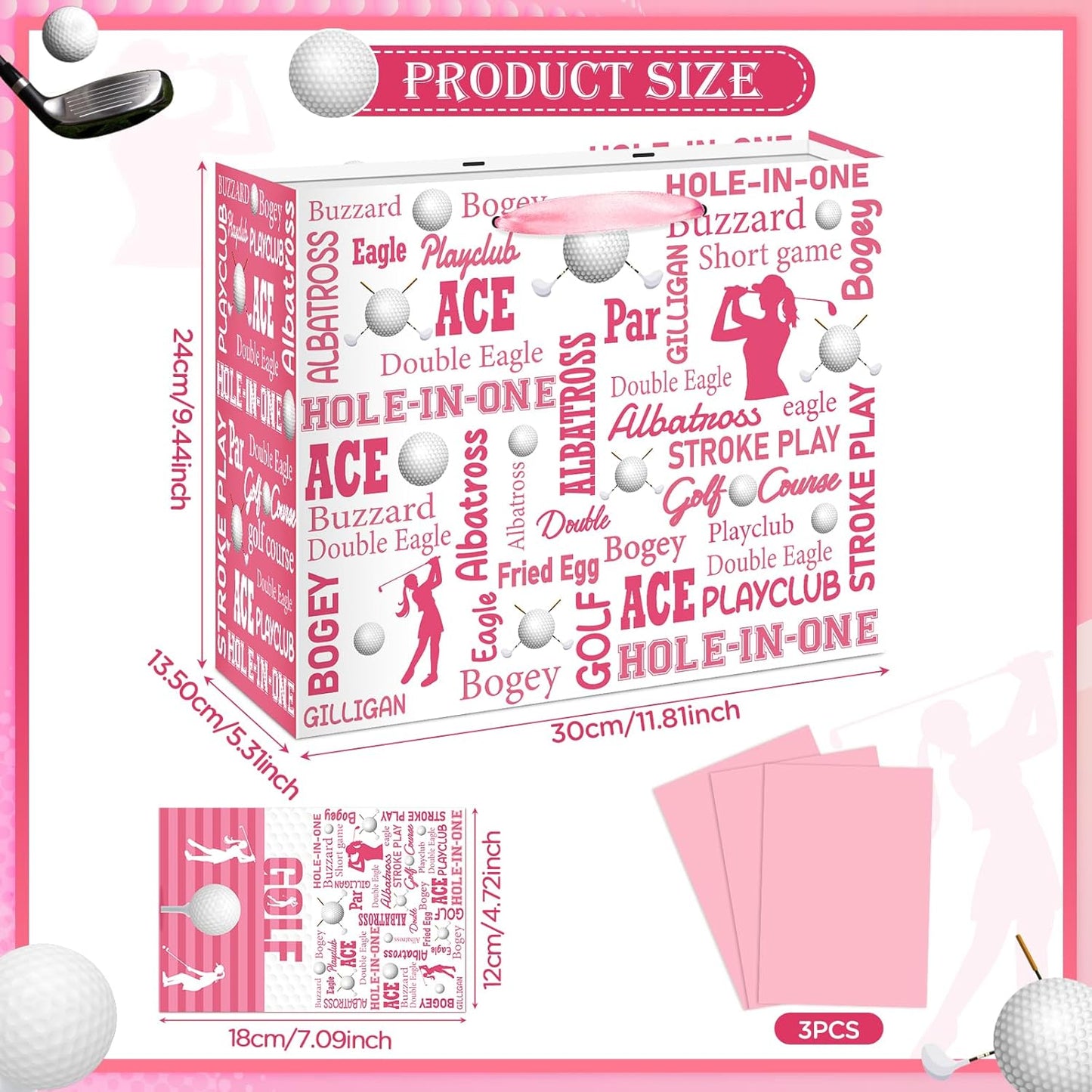Golf Party Gift Bag for Girls Women, Large Pink Golf Gift Wrap Bag with Tissue Paper Greeting Card Decorations for Sports Team Birthday Party Favors Baby Shower Goodie Treat Wrapping Paper Supplies