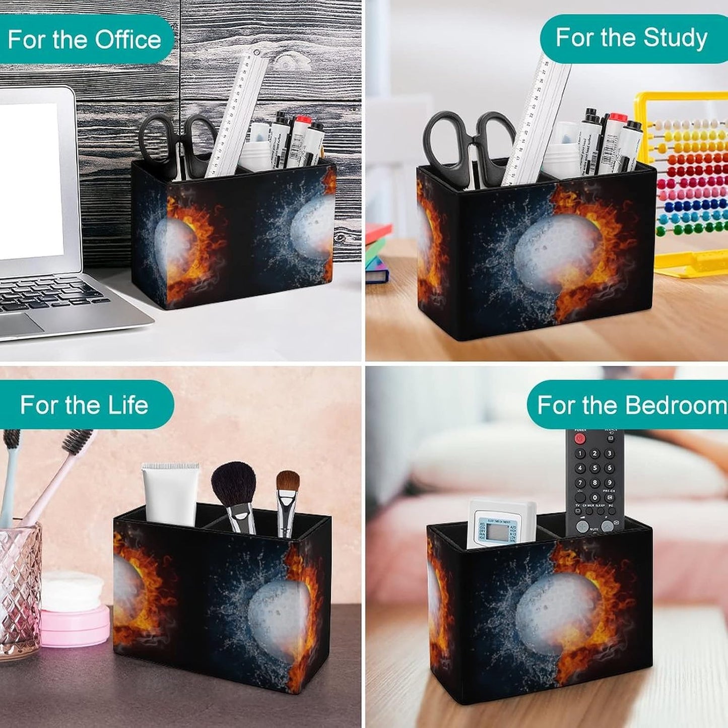 GERRIT Pen Holder for Desk, Golf Ball Fire Water Pencil Holder PU Leather Pen Organizer Desk Pencil Organizer Cute Makeup Brush Holder for School College Office