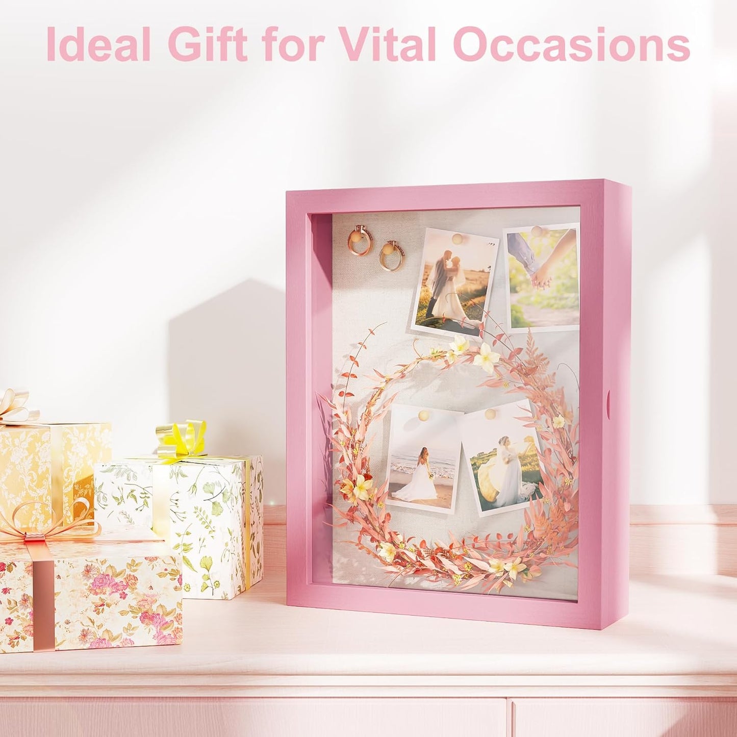 Love-KANKEI Shadow Box Display Case 11x14 Shadow Box Picture Frame with Linen Back Memorabilia Awards Medals Photos Wood Memory Box Gift Pink