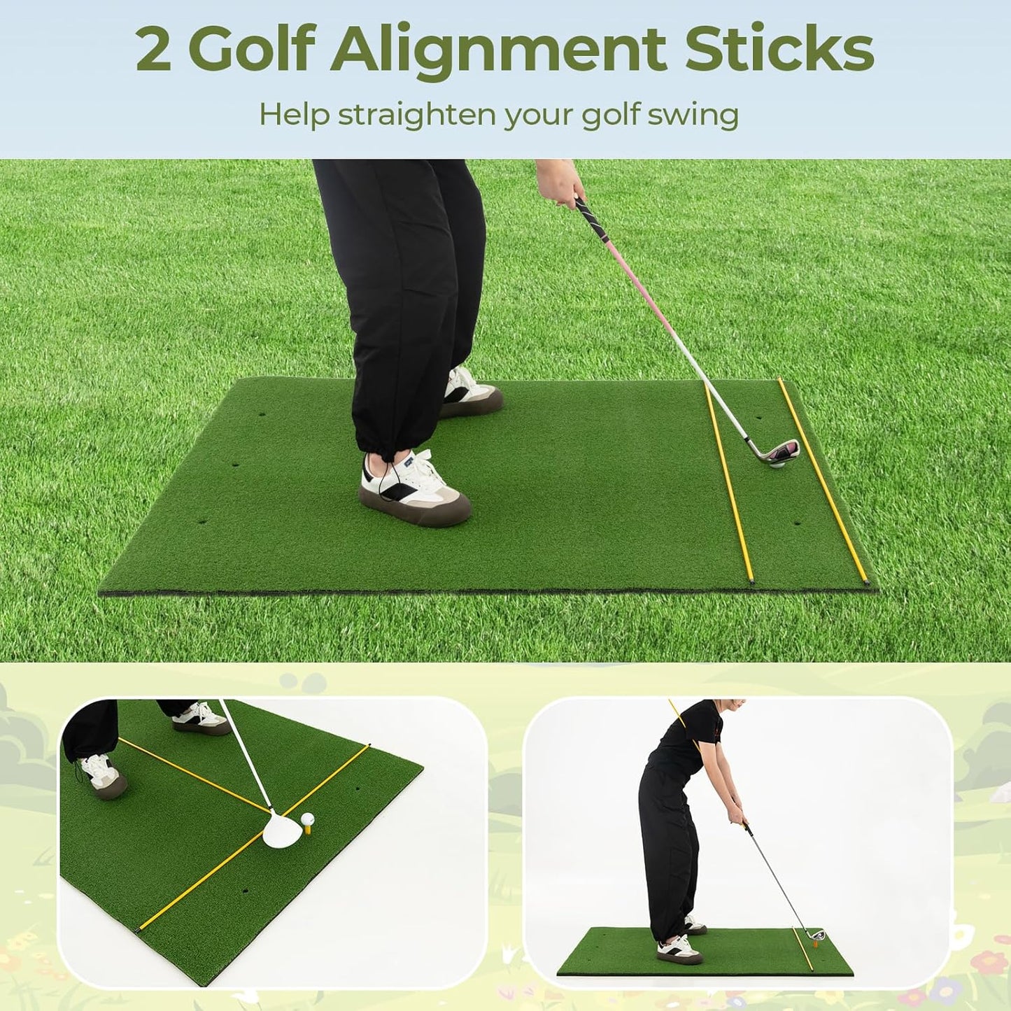 Goplus Golf Mat, 5x3ft/5x4ft Golf Hitting Mat 20/25/27/32mm Thick w/2 Alignment Sticks & 2 Golf Tees, Portable Artificial Turf Grass Training Mat Practice for Indoor Outdoor