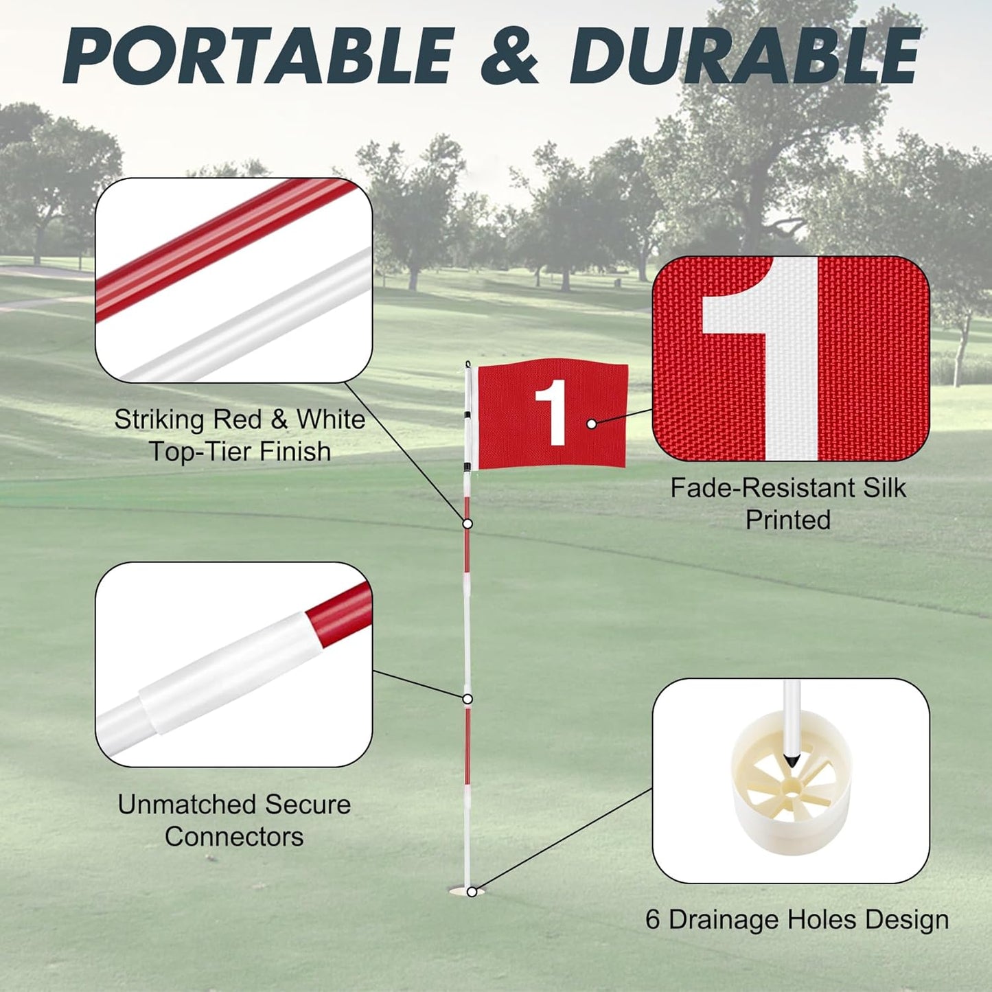 Golf Flagstick 6ft, 5-Section Design, ABS Hole Cup, 420D Nylon Flag for Backyard Practice Putting Green | Driving Range | Country Club, Gift for Golf Lovers